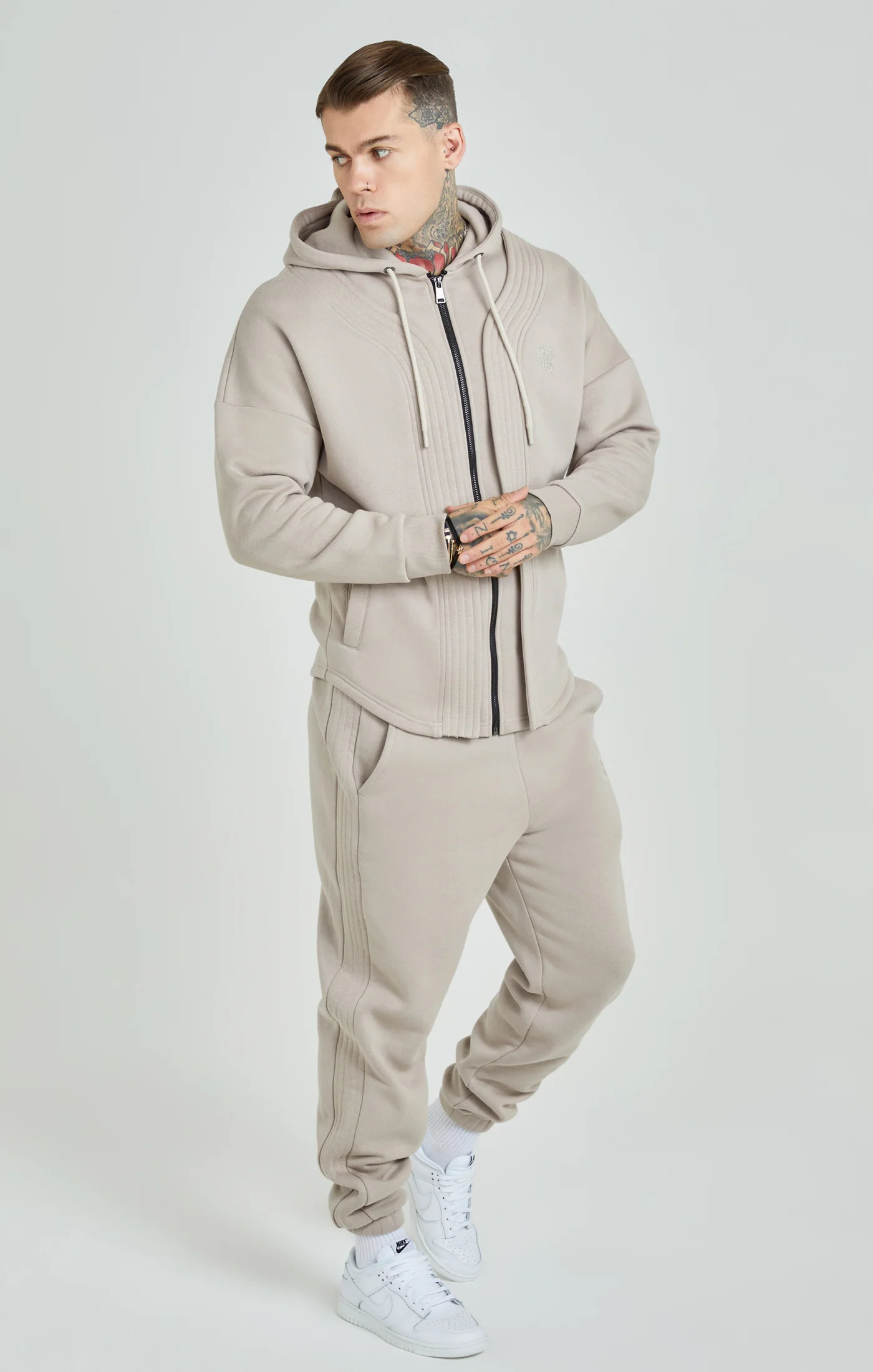 Beige Dual Layer Baseball Zip-Thru Hoodie - Image 2
