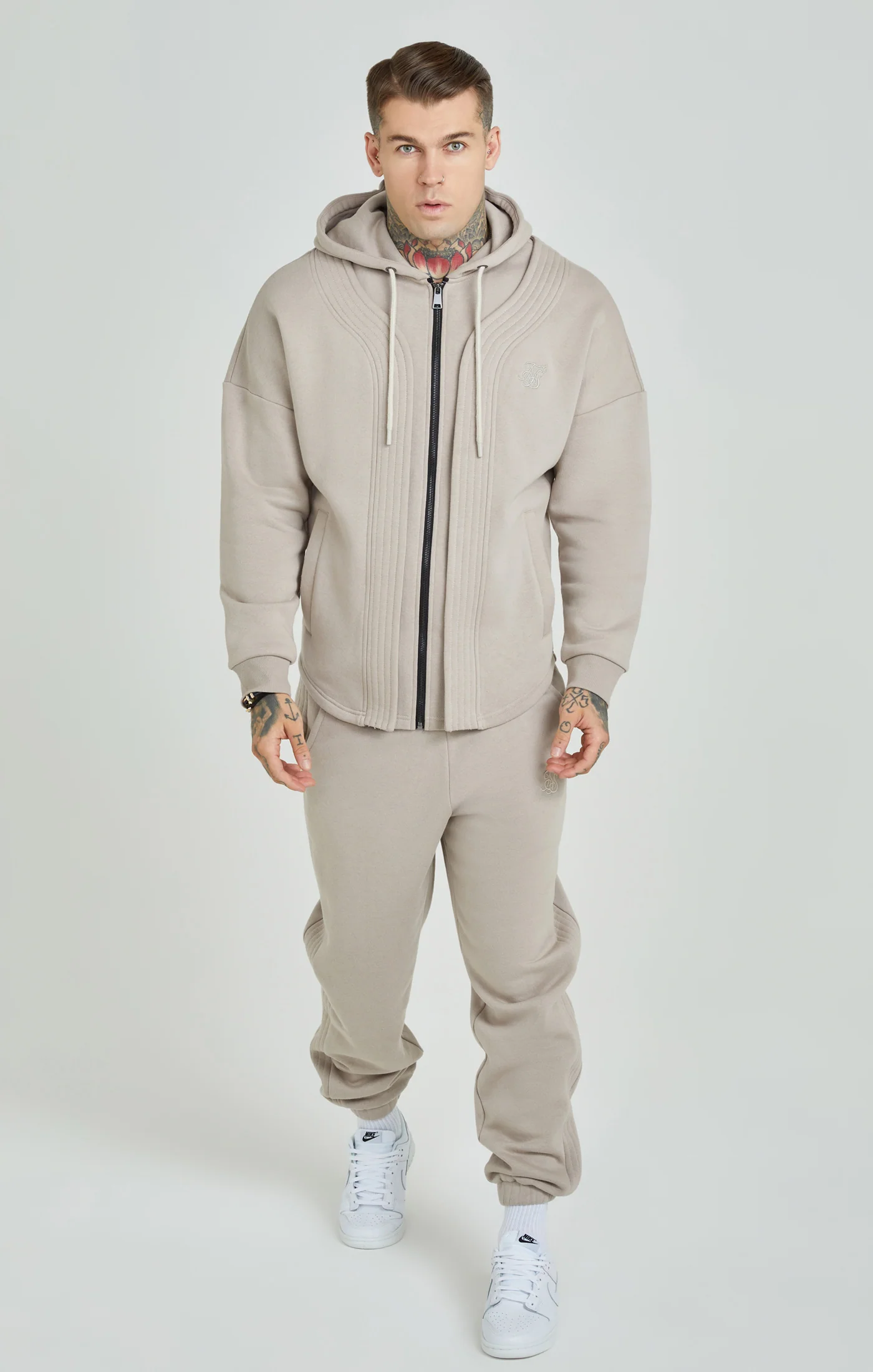 Beige Dual Layer Baseball Zip-Thru Hoodie - Image 4