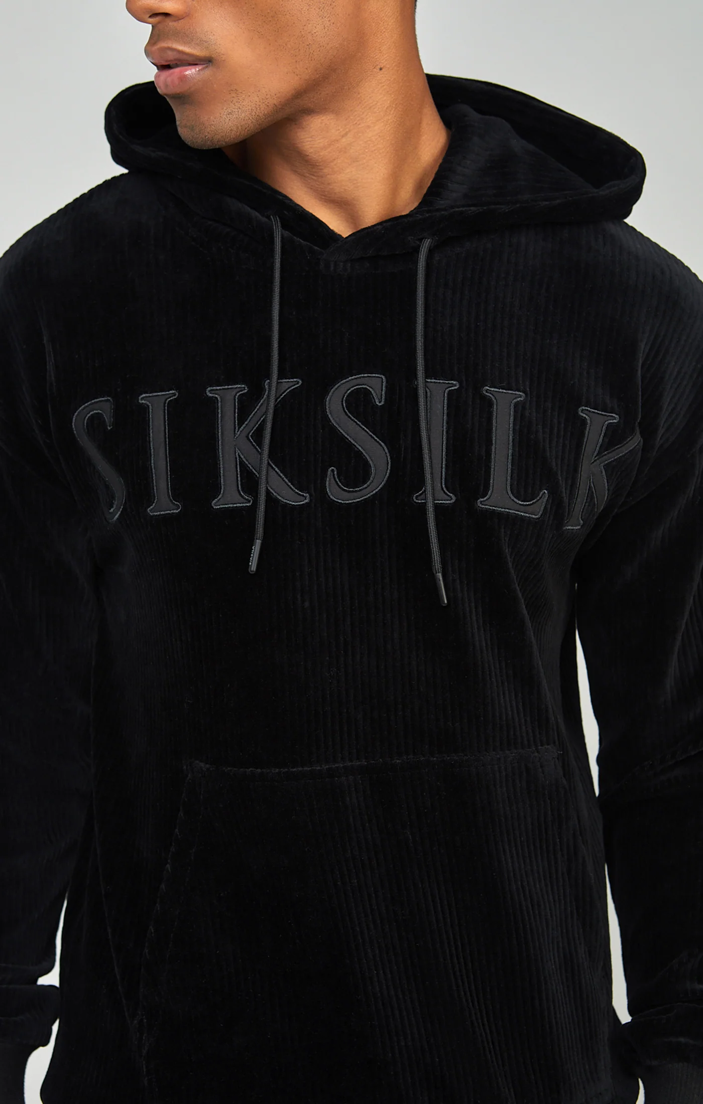 Black Corduroy Applique Logo Overhead Hoodie - Image 2