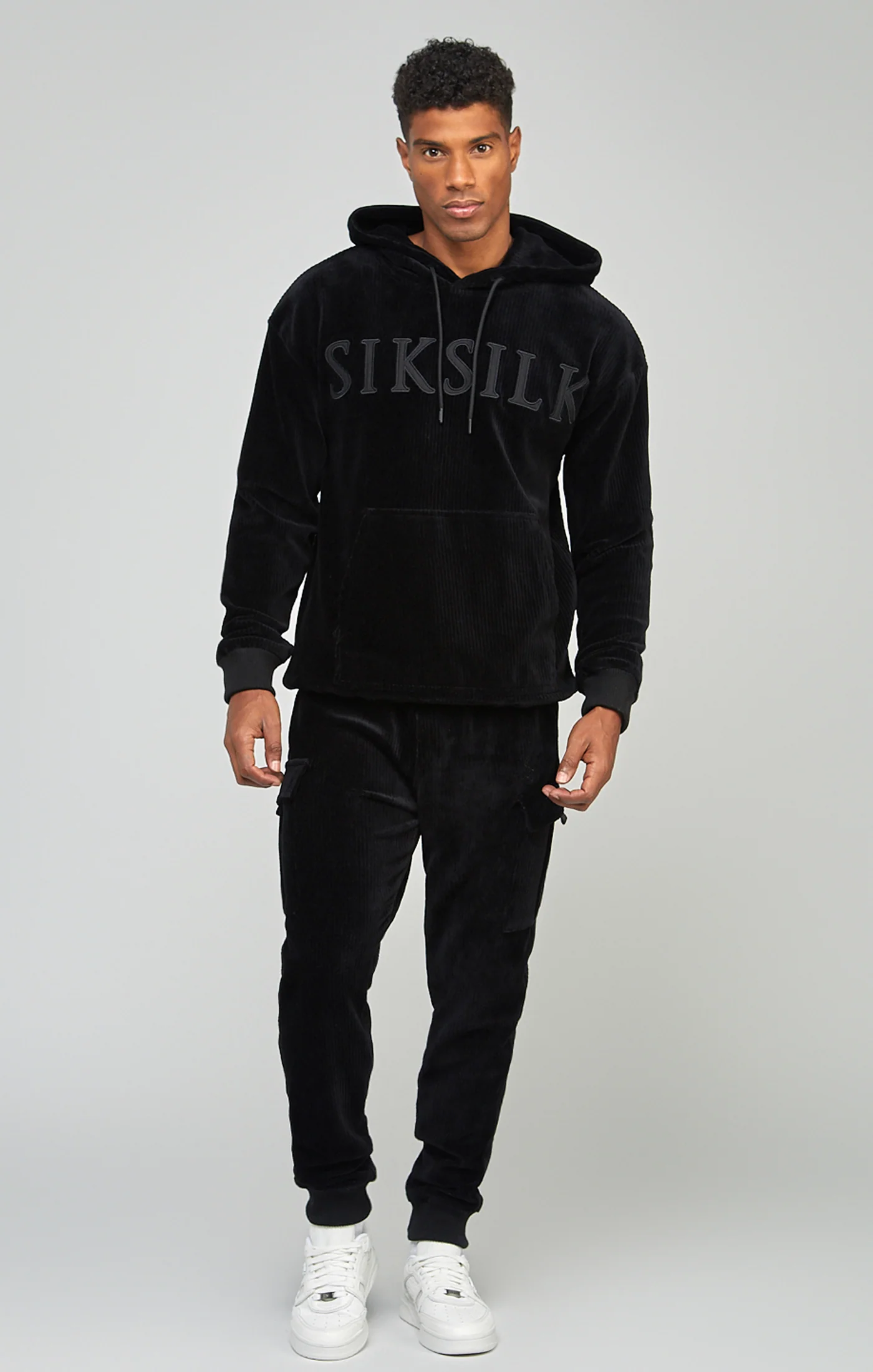 Black Corduroy Applique Logo Overhead Hoodie - Image 3
