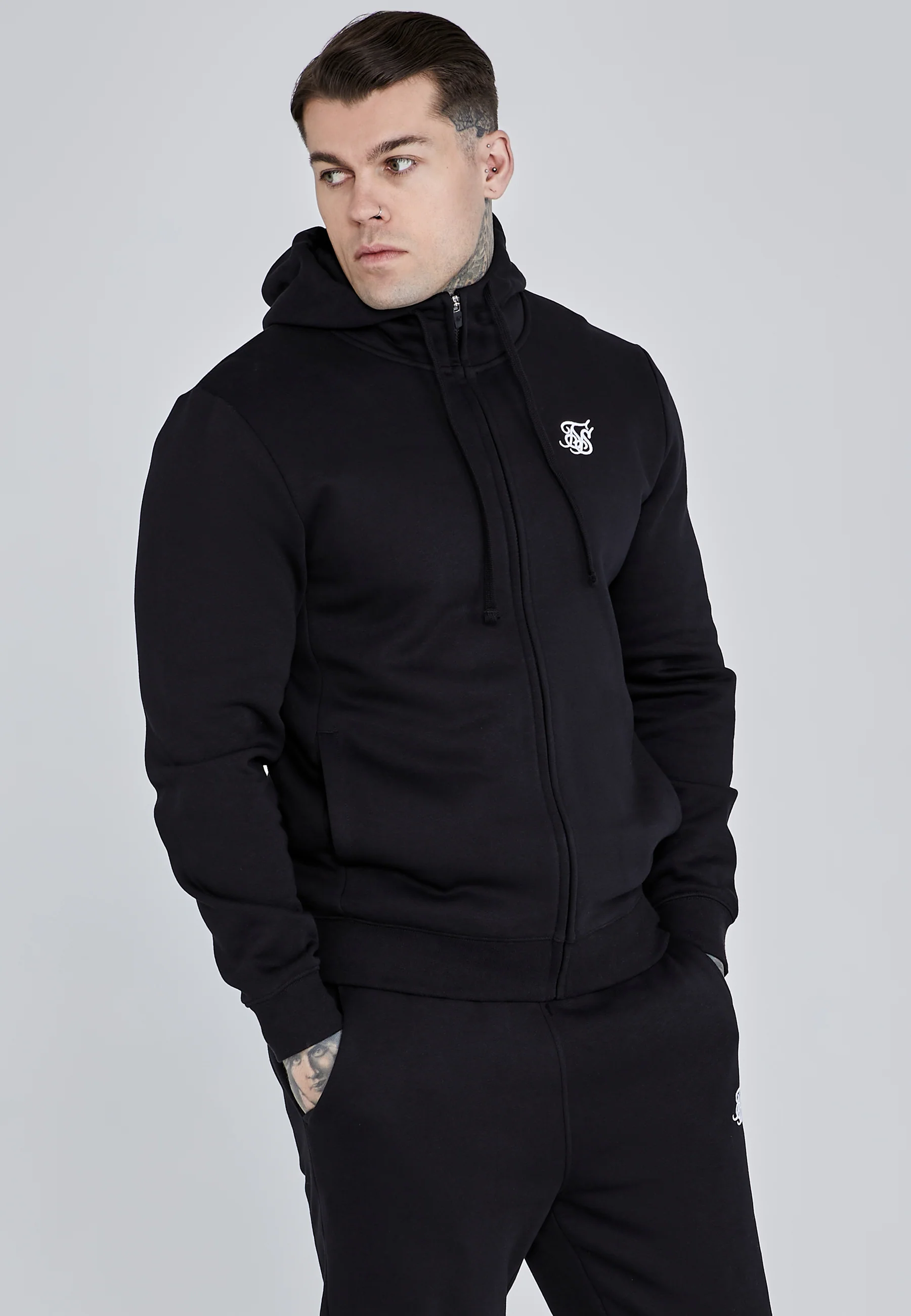 Black Essential Zip Through Funnel Hoodie