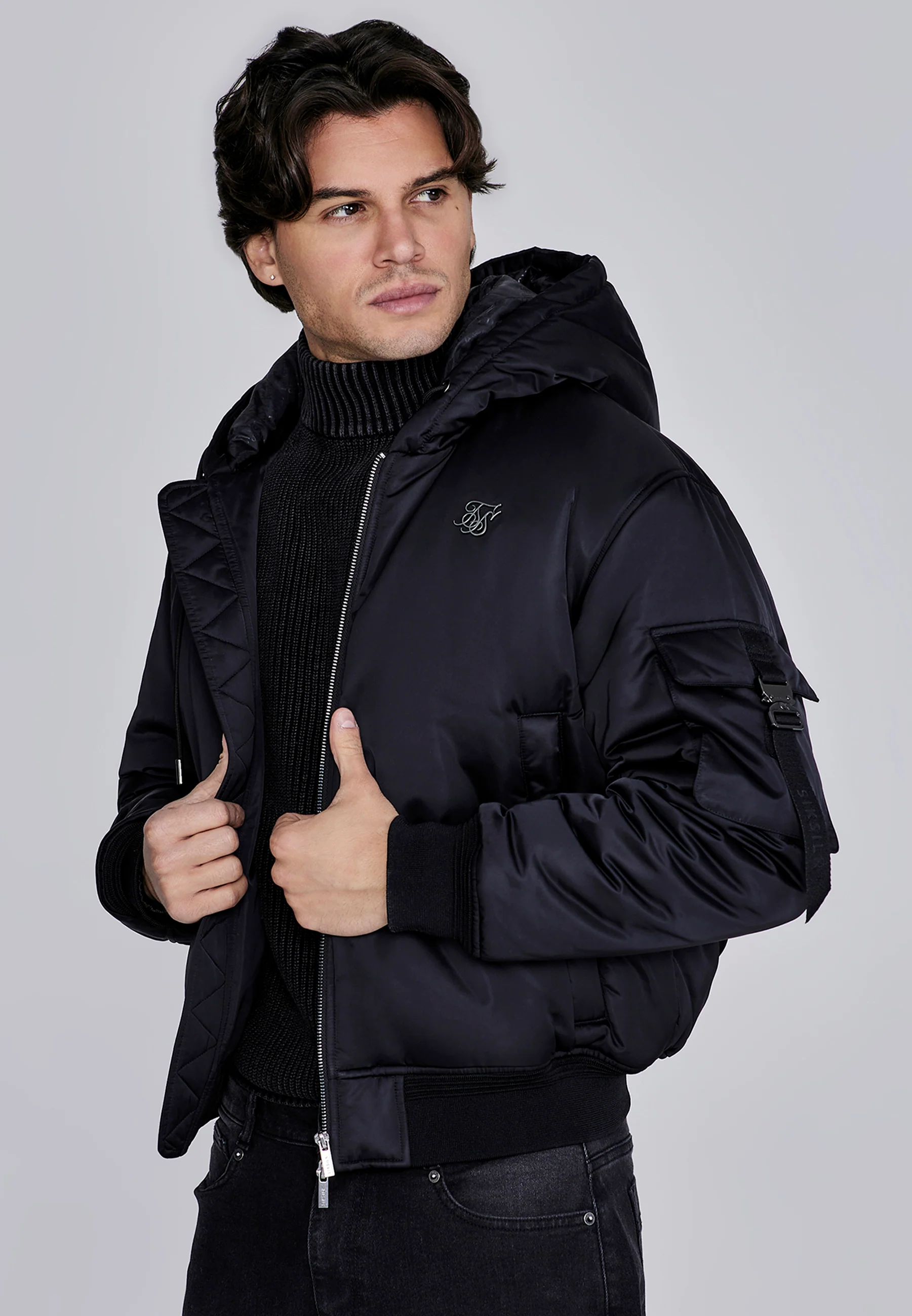 Black Hooded Bomber Jacket - Image 2