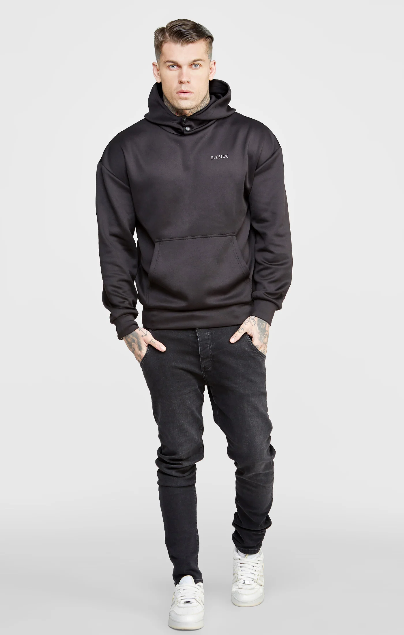 Black Poly Button Overhead Hoodie - Image 3
