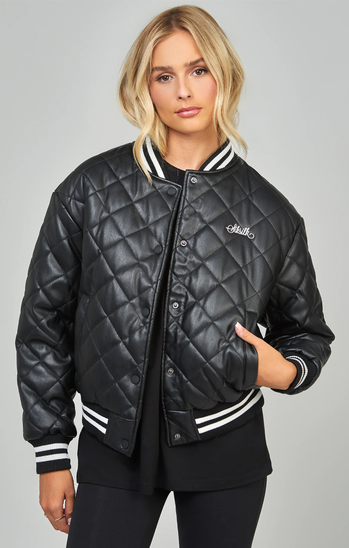 Black Pu Quilted Varsity Jacket