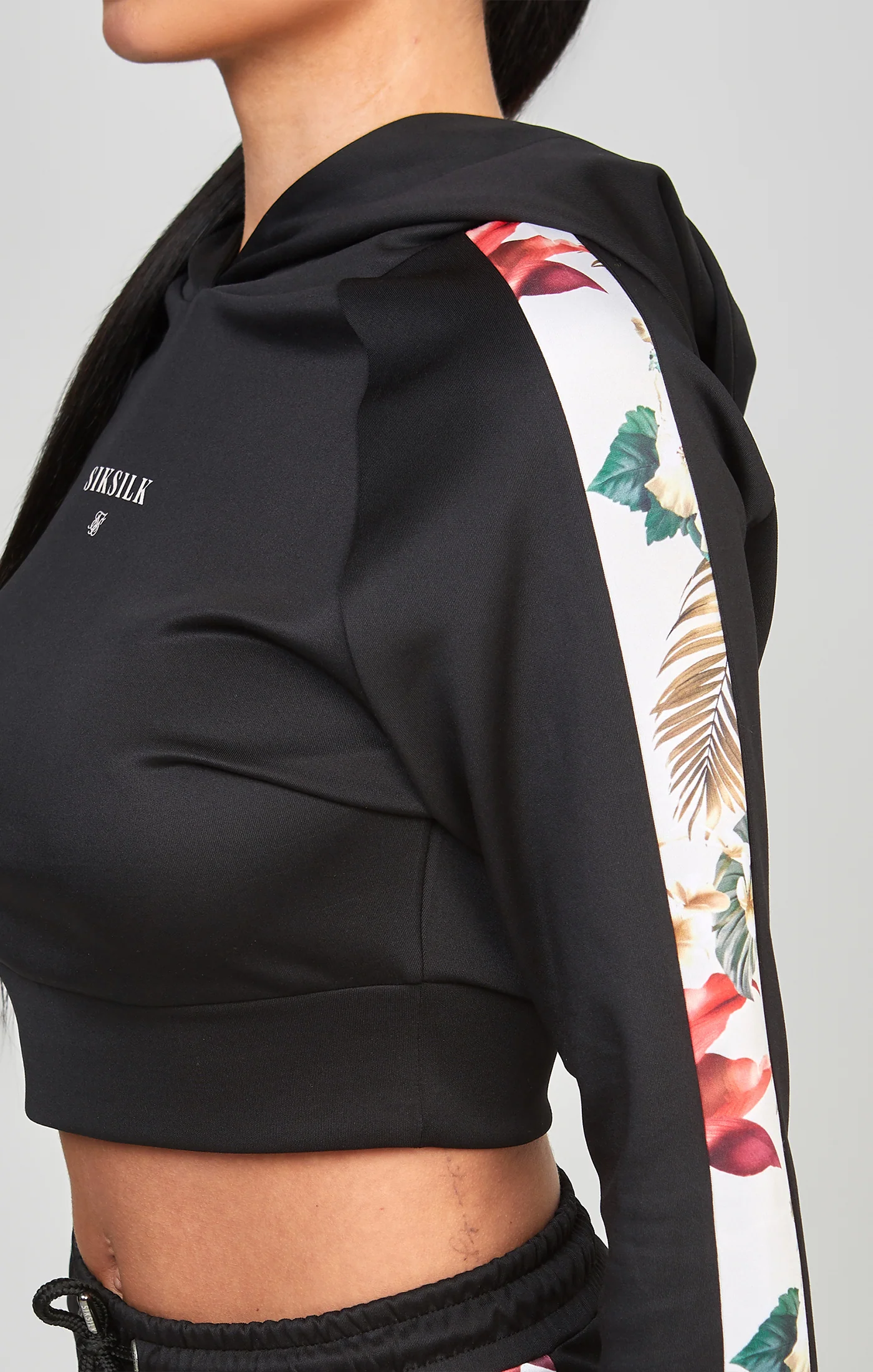 Black Floral Panelled Crop Hoodie - Image 2