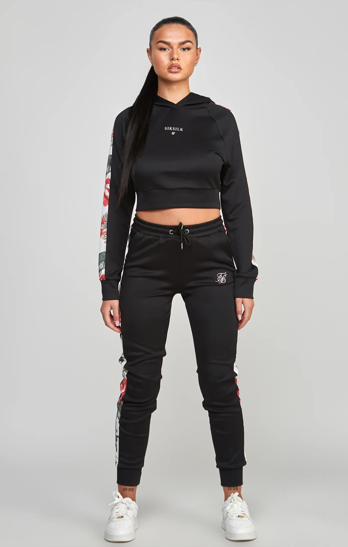 Black Floral Panelled Crop Hoodie - Image 3