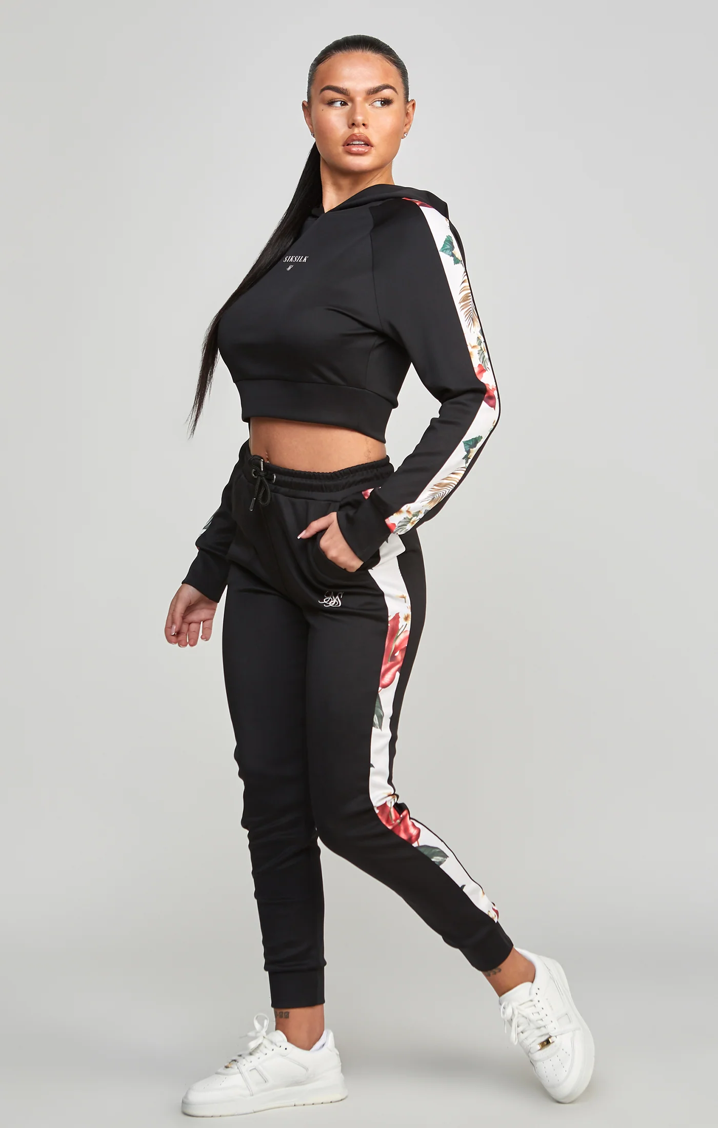 Black Floral Panelled Crop Hoodie - Image 4
