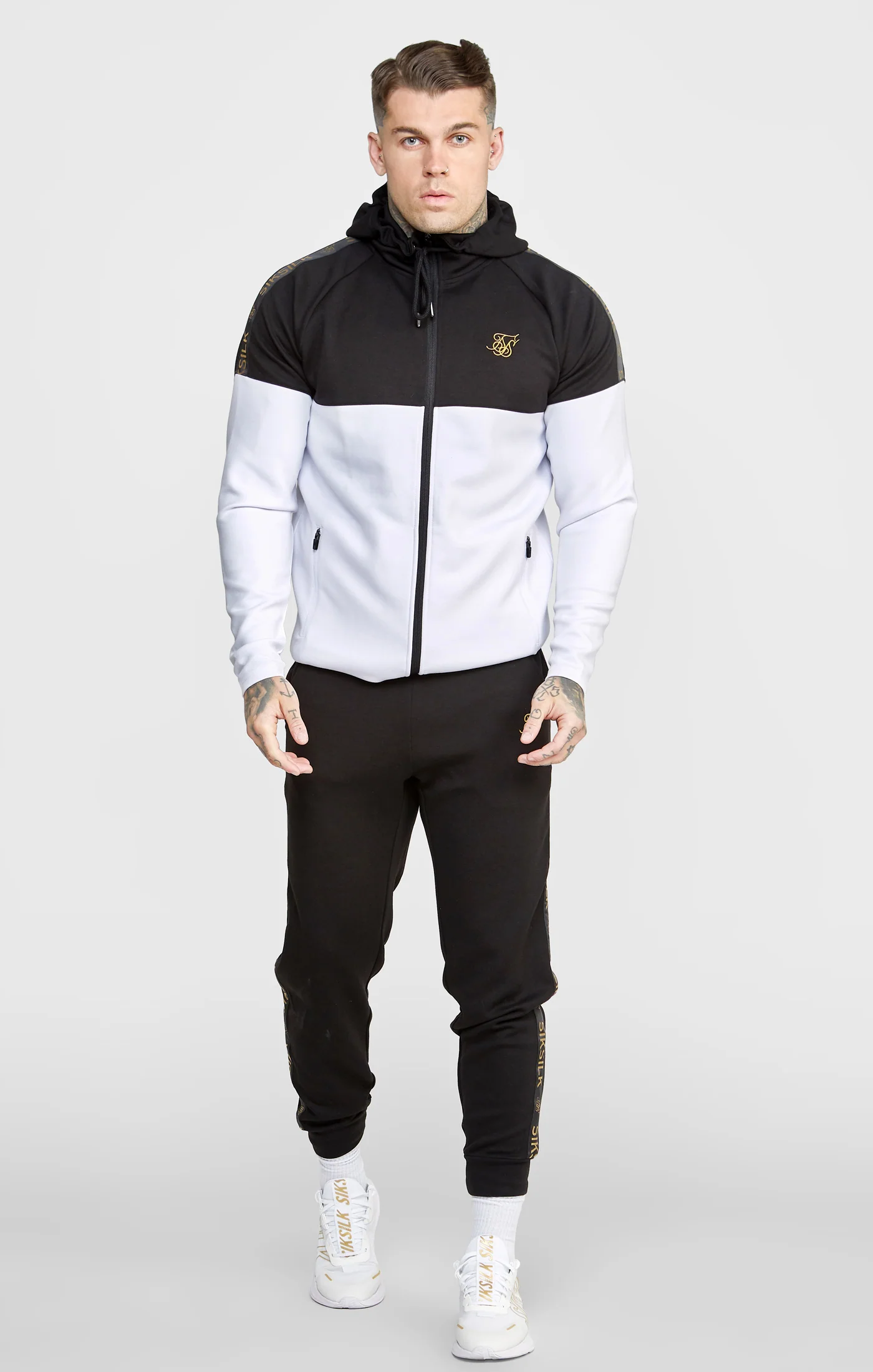 Black, White Tape Zip Through Hoodie & Joggers Set - Image 3