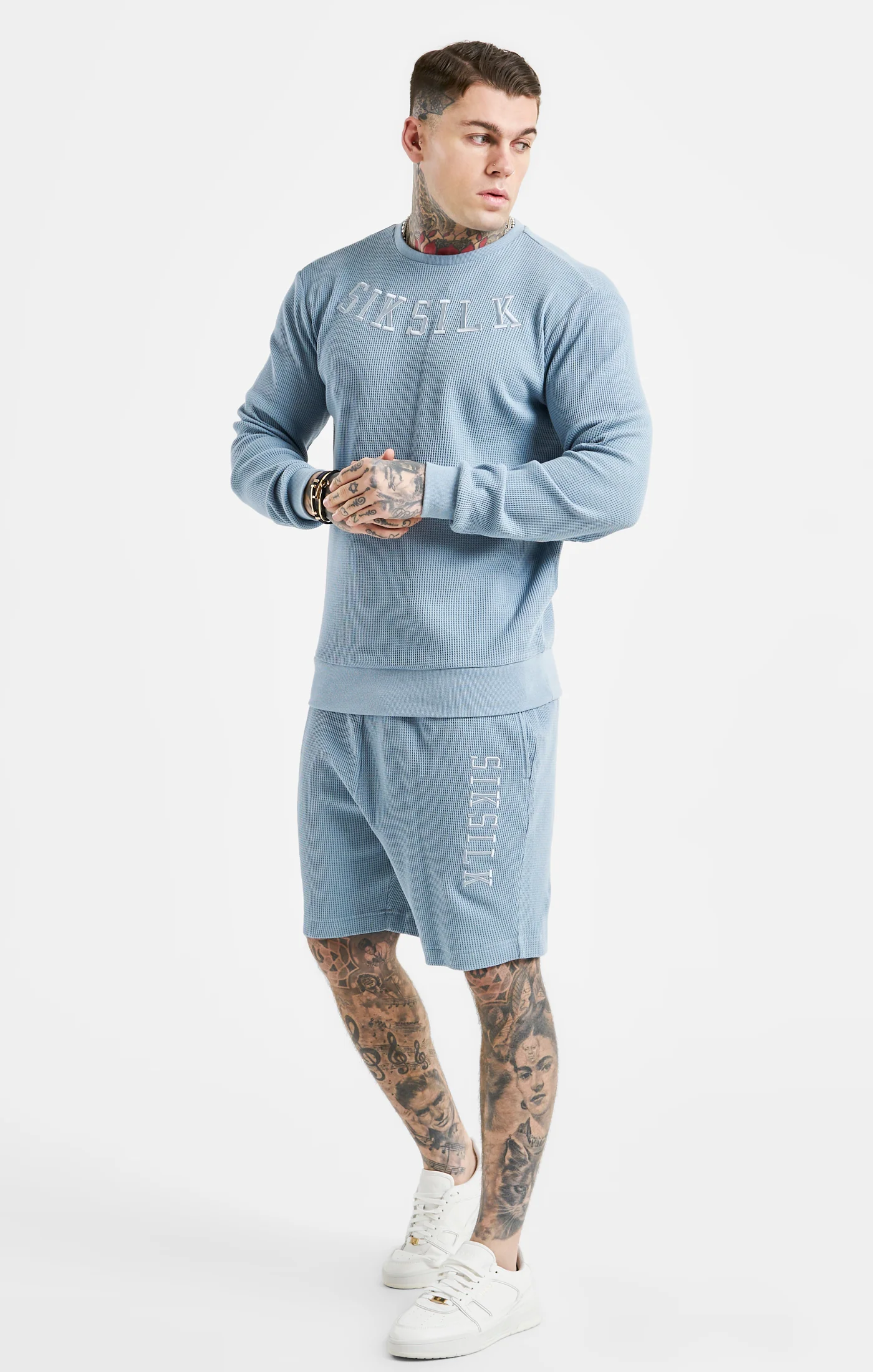 Blue Embroidered Waffle Texture Sweatshirt - Image 3
