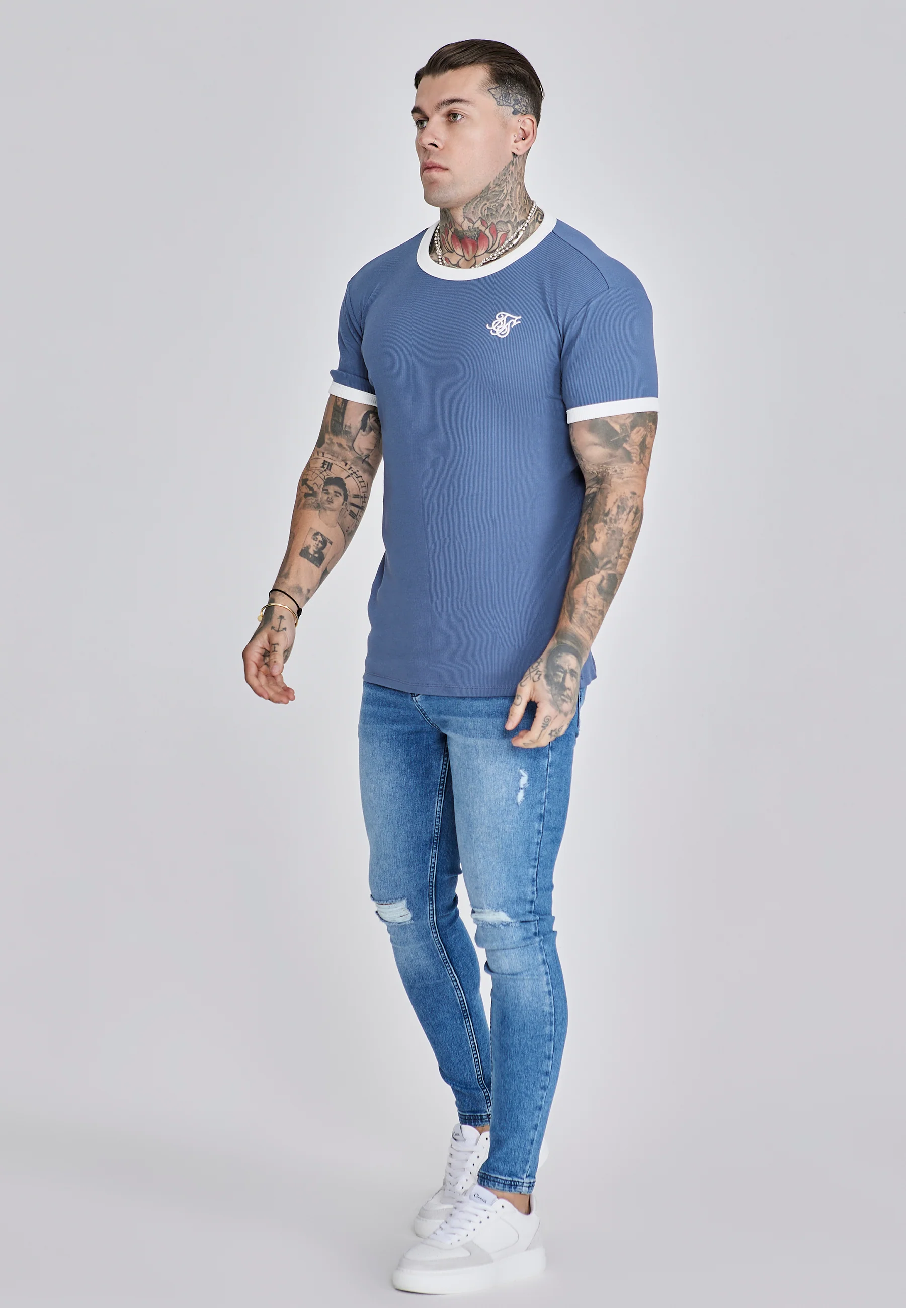 Blue Ribbed Ringer T-Shirt - Image 4