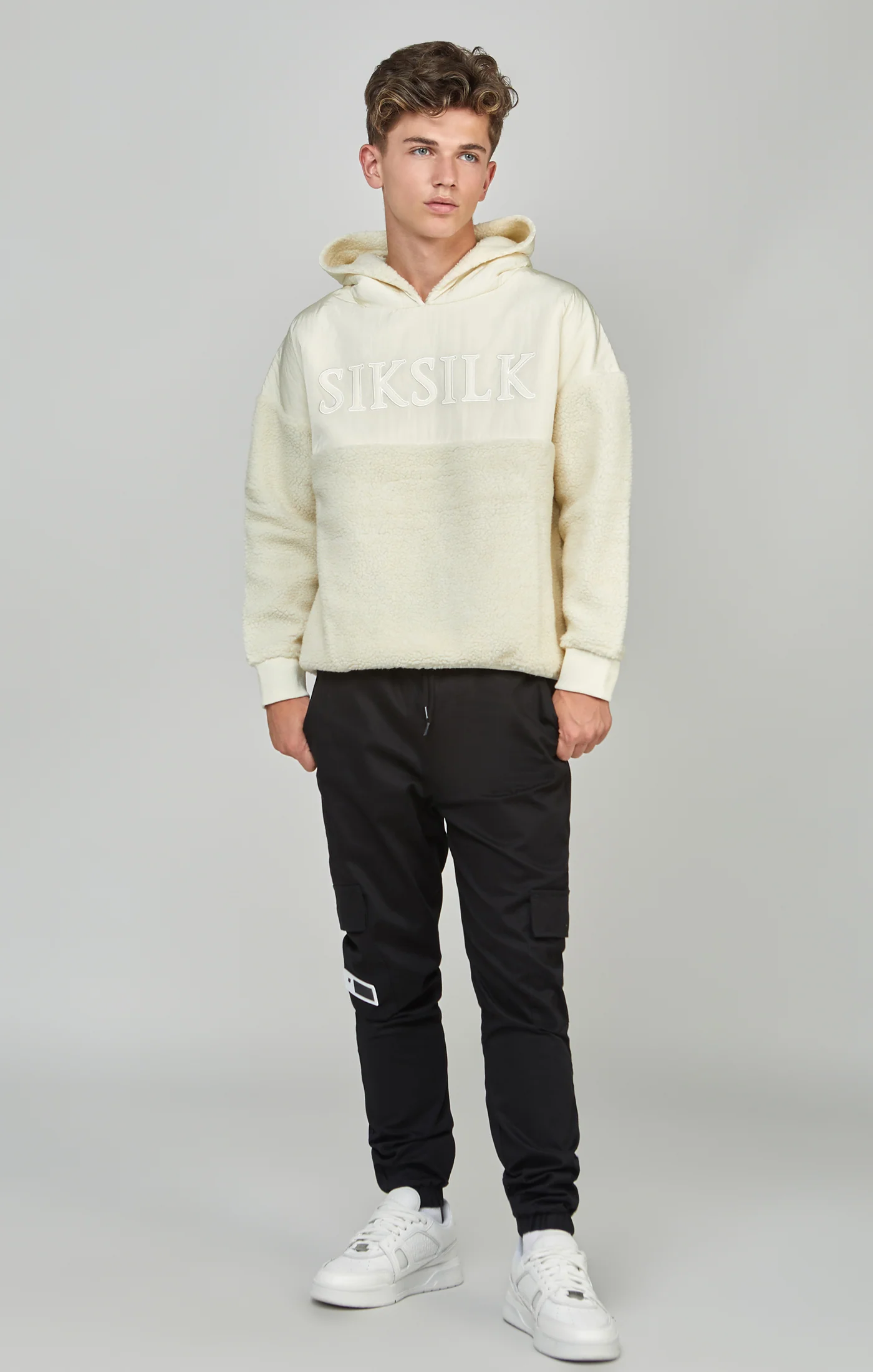 Boys Ecru Sherpa Nylon Mix Hoodie - Image 3