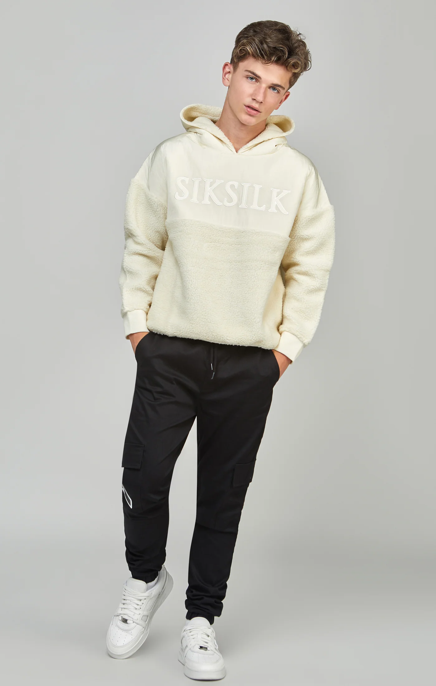 Boys Ecru Sherpa Nylon Mix Hoodie - Image 4