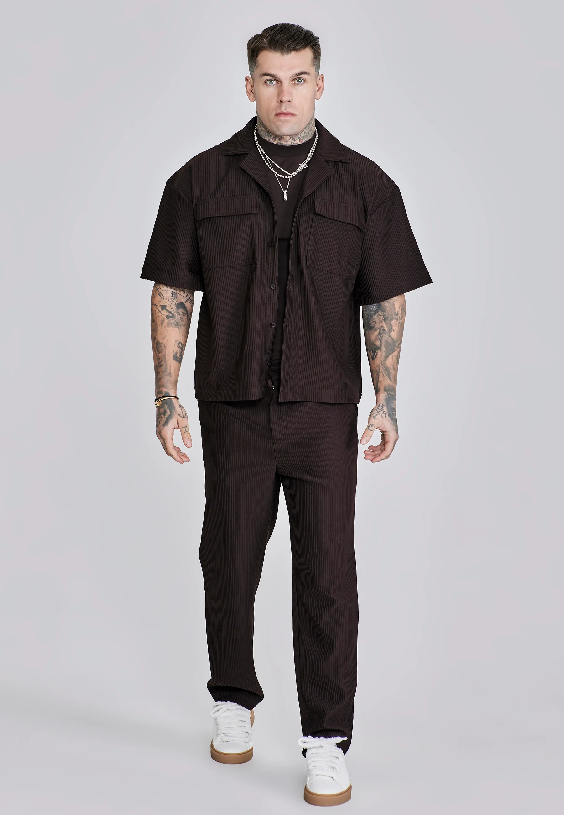 Brown Ribbed Smart Shirt - Image 3