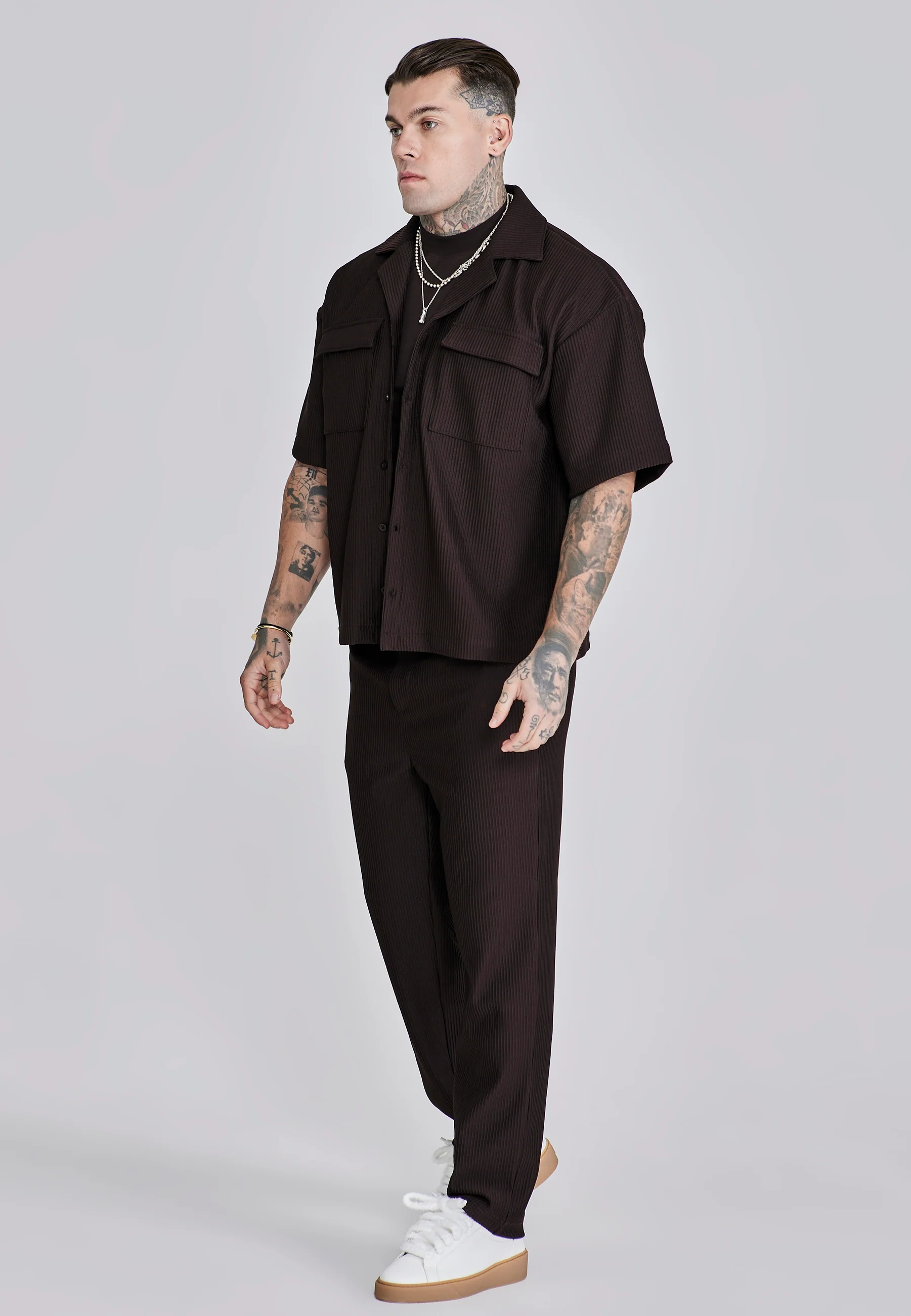 Brown Ribbed Smart Shirt - Image 4
