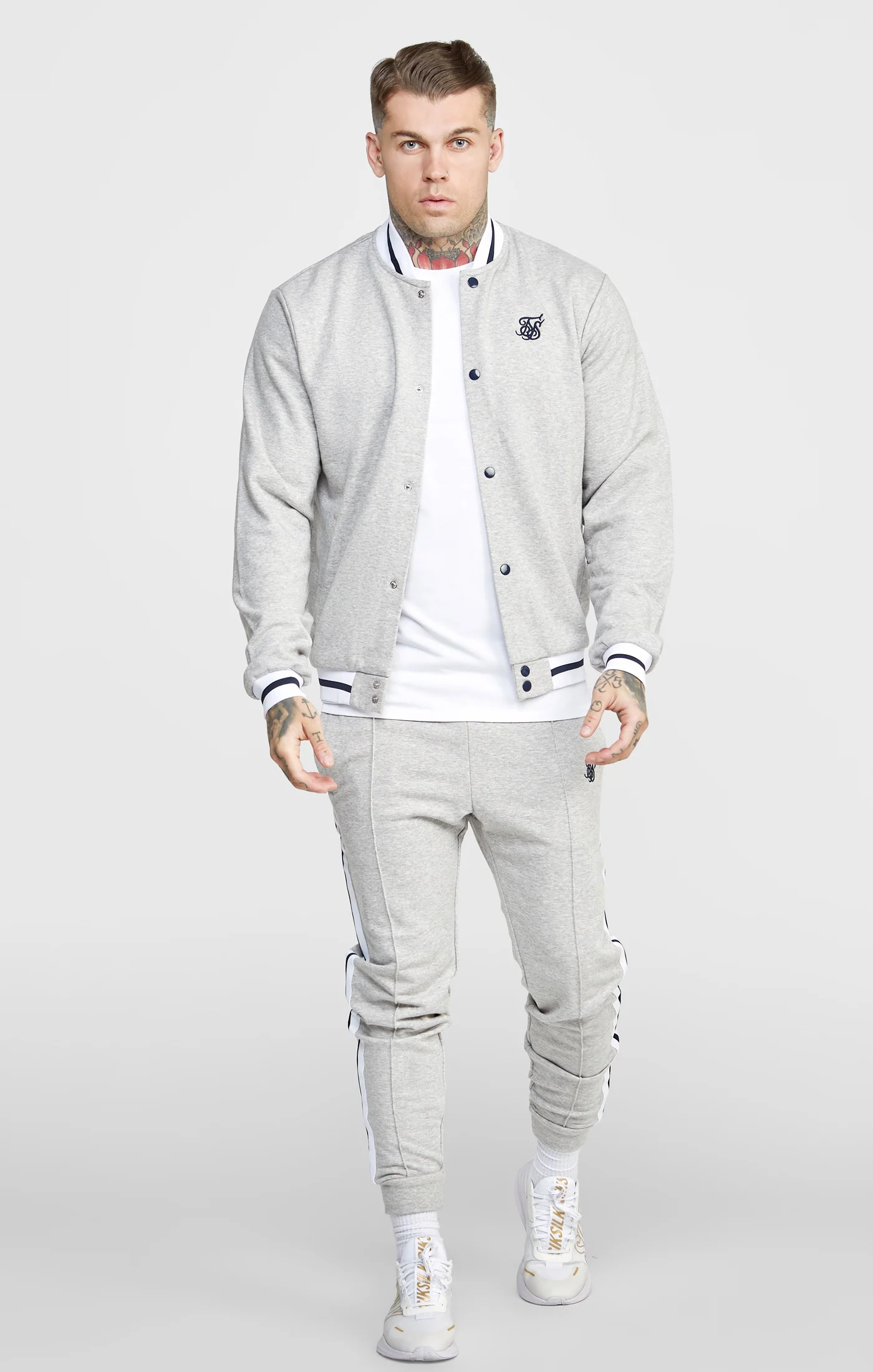 Grey Marl Collegiate Logo Varsity Jacket - Image 4