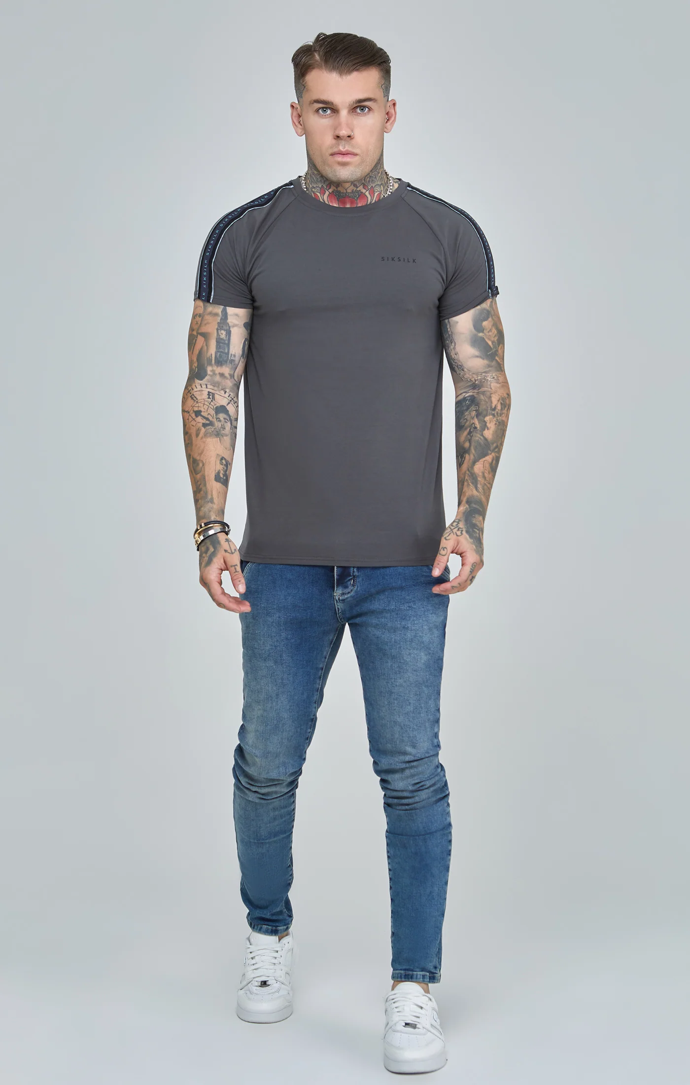 Dark Grey Raglan Tape Muscle Fit T-Shirt - Image 2