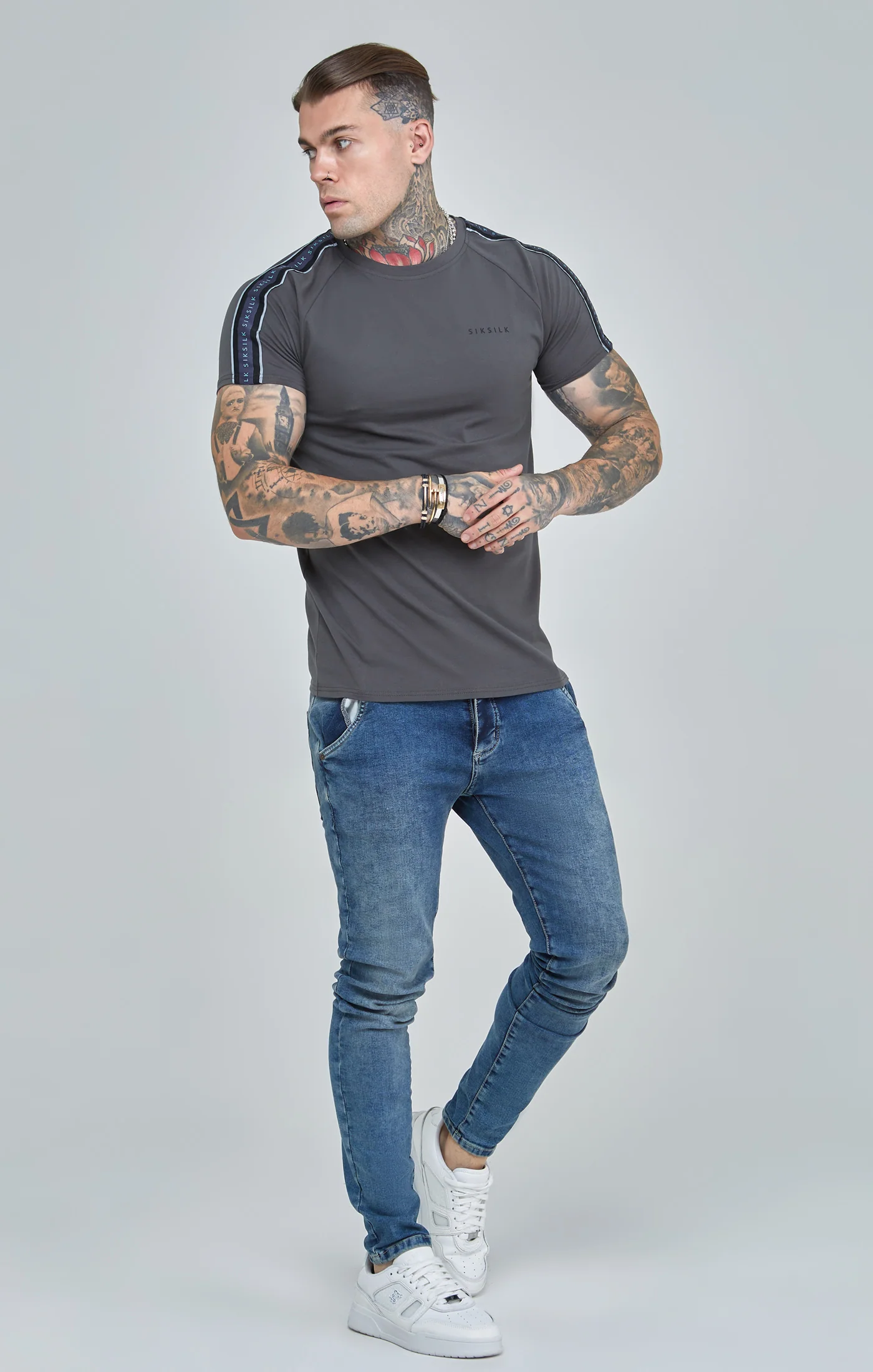 Dark Grey Raglan Tape Muscle Fit T-Shirt - Image 4