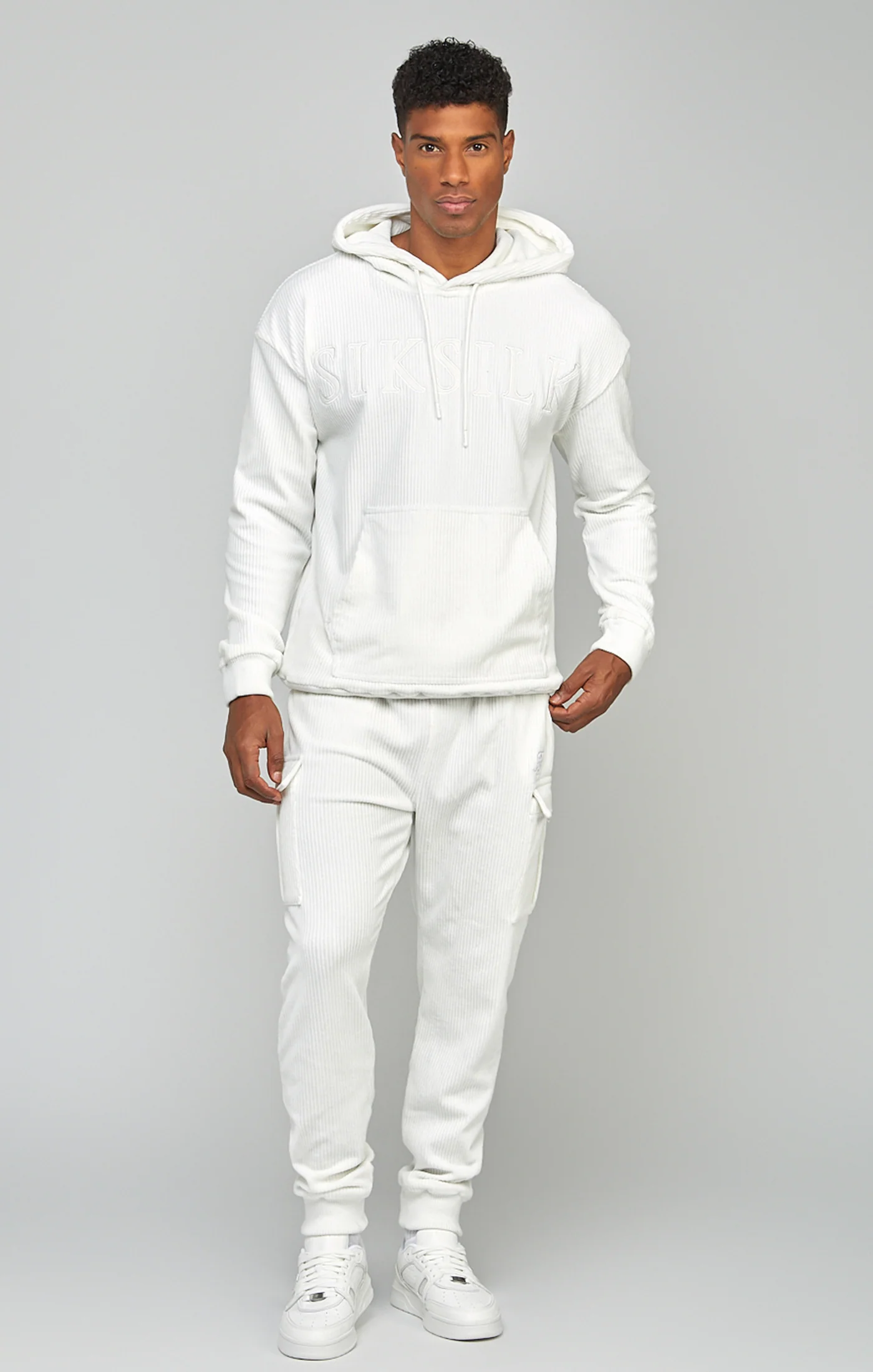 Ecru Corduroy Applique Logo Overhead Hoodie - Image 3