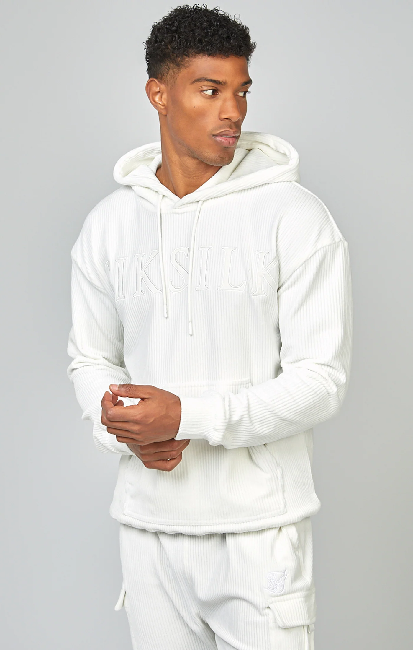 Ecru Corduroy Applique Logo Overhead Hoodie - Image 4
