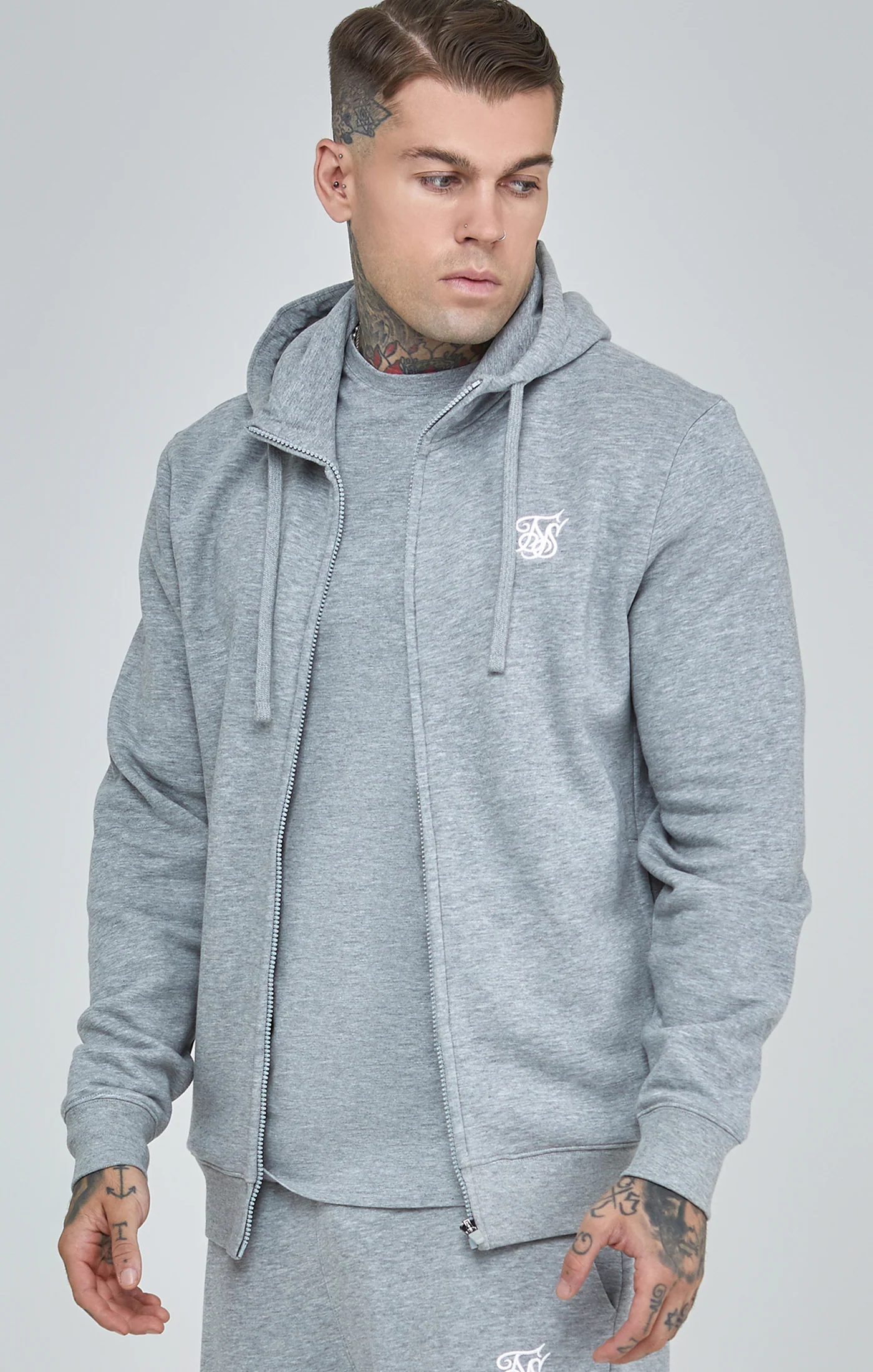 Grey Marl Essential Zip-Thru Funnel Hoodie