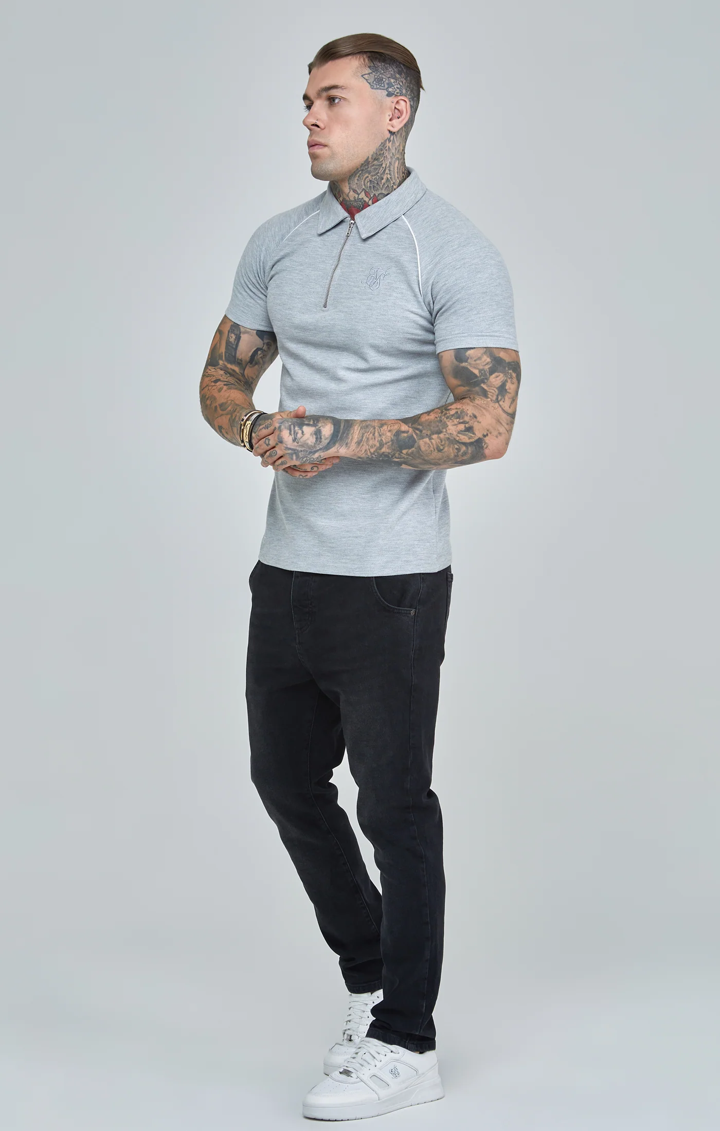 Grey Marl Textured Retro Polo Shirt - Image 4