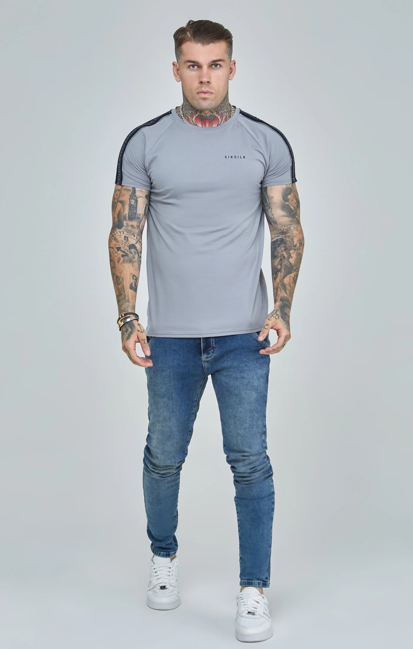 Grey Raglan Tape Muscle Fit T-Shirt - Image 4