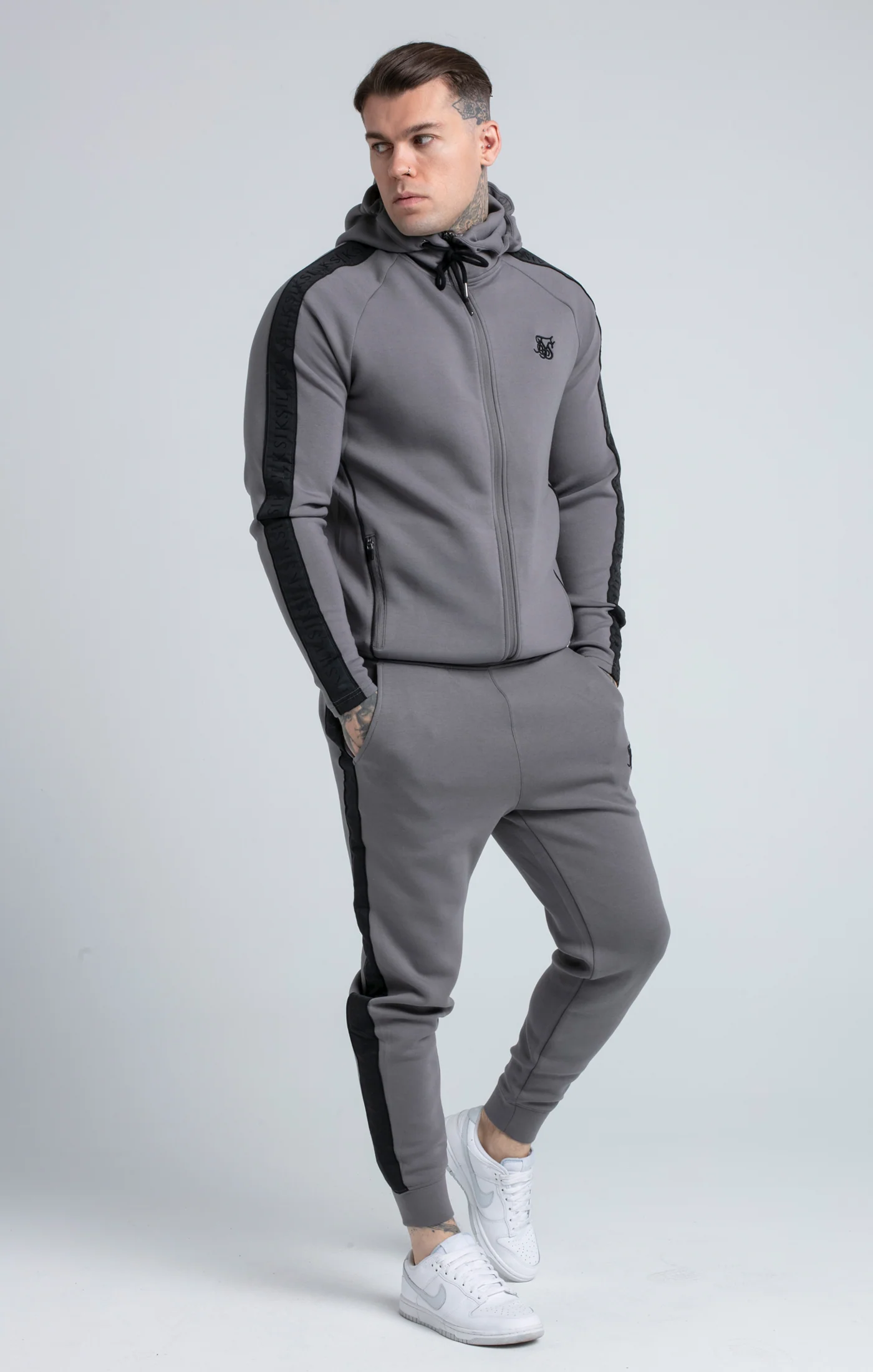 Grey Taped Zip Thru Hoodie & Jogger Set