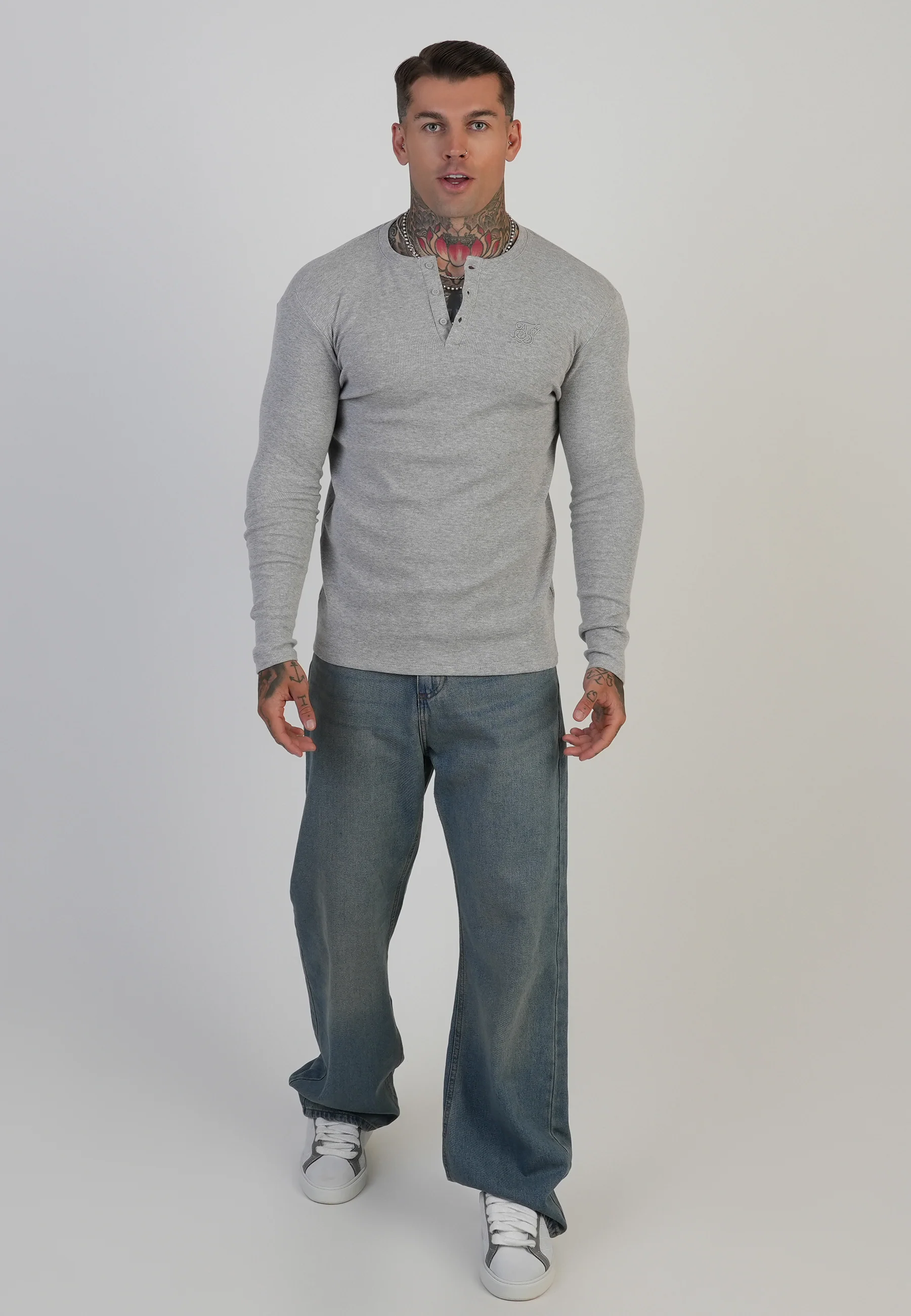 Grey Marl Henley T-Shirt - Image 4