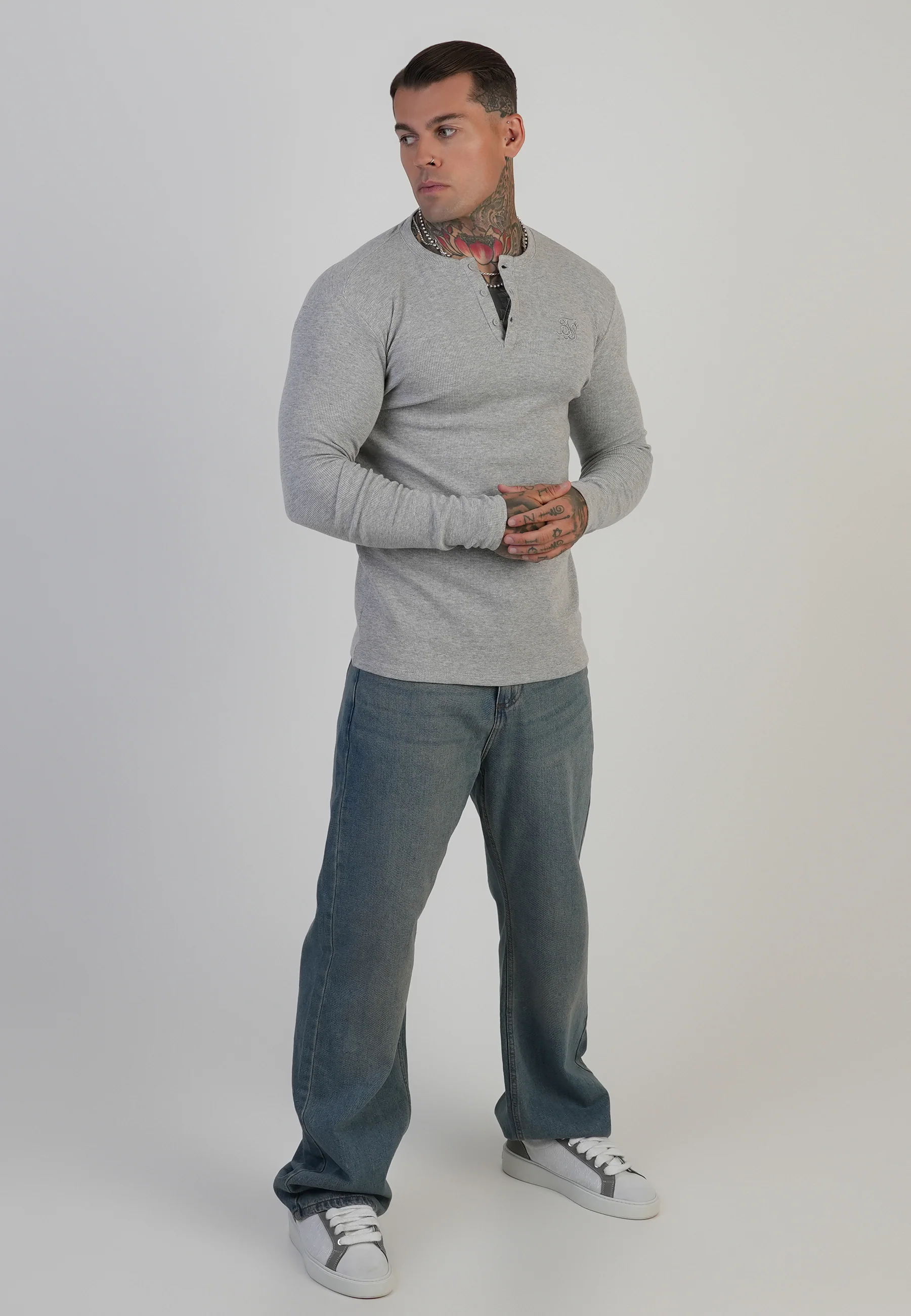 Grey Marl Henley T-Shirt - Image 5