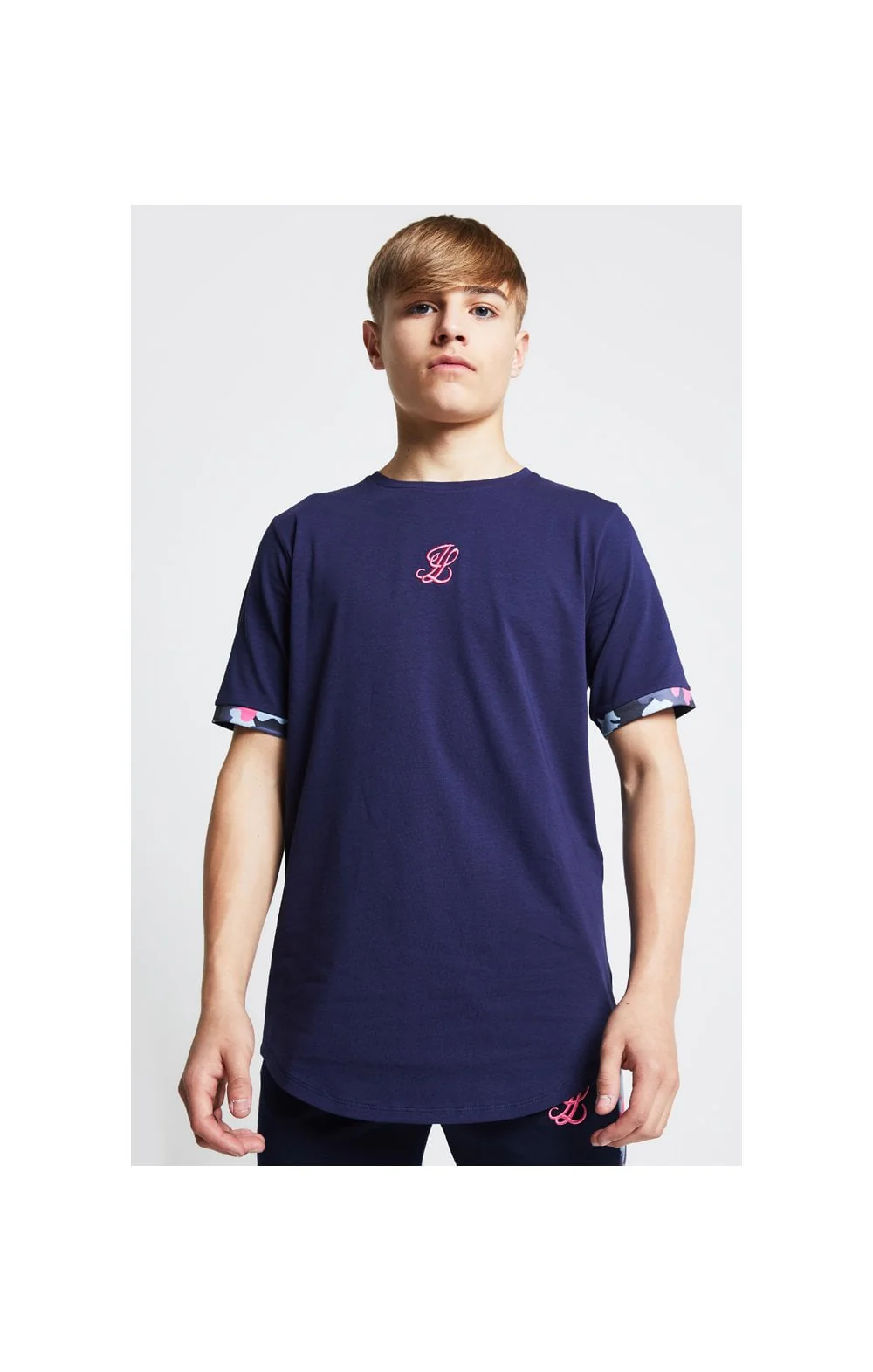 Illusive London Contrast Cuff Tee – Navy & Neon Pink Camo - Image 2