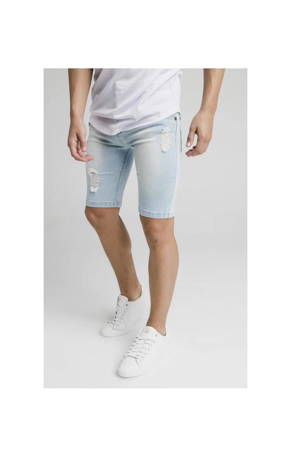 Illusive London Distressed Denim Shorts - Light Blue