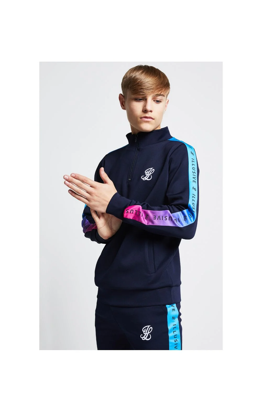 Illusive London Fade Panel Funnel Neck 1/4 Zip Hoodie - Navy Blue & Pink