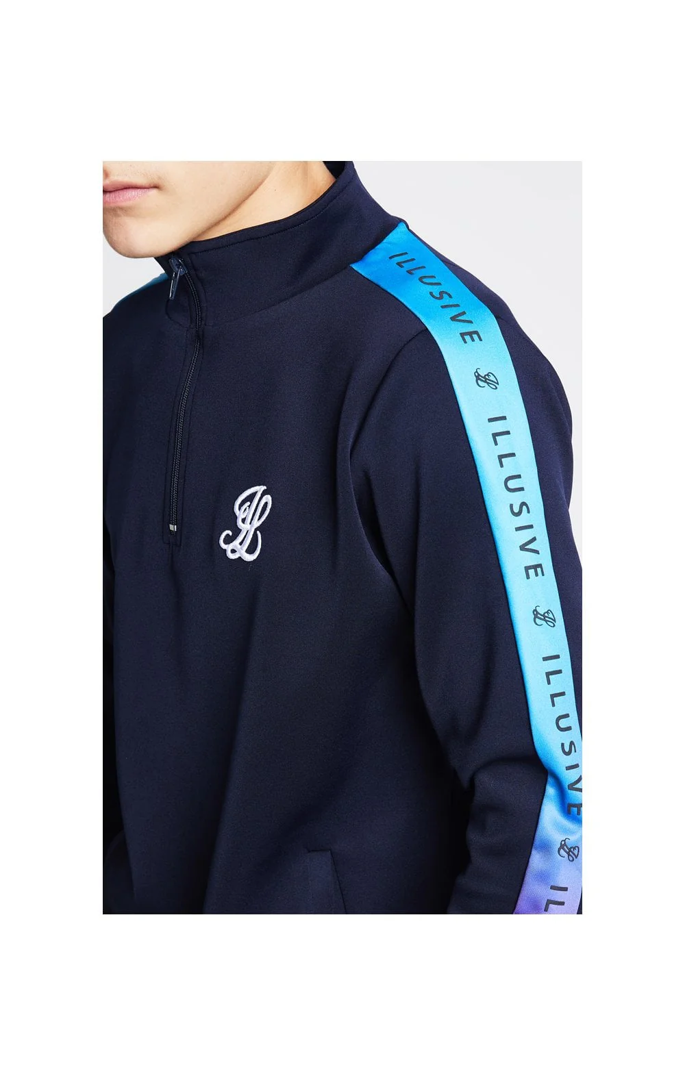 Illusive London Fade Panel Funnel Neck 1/4 Zip Hoodie - Navy Blue & Pink - Image 2