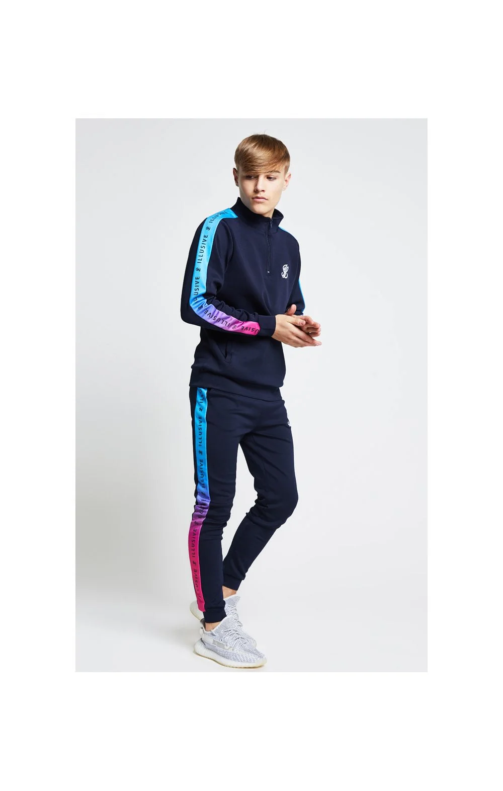 Illusive London Fade Panel Funnel Neck 1/4 Zip Hoodie - Navy Blue & Pink - Image 3