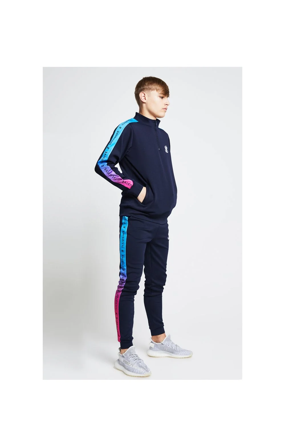Illusive London Fade Panel Funnel Neck 1/4 Zip Hoodie - Navy Blue & Pink - Image 4