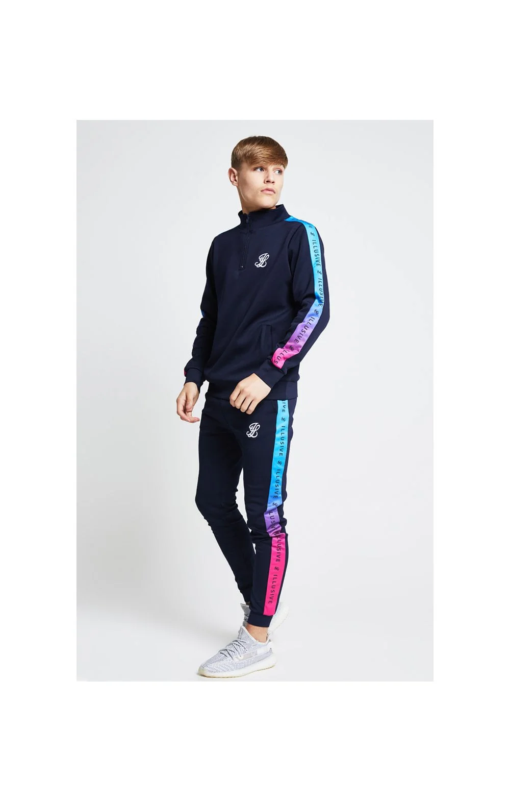 Illusive London Fade Panel Funnel Neck 1/4 Zip Hoodie - Navy Blue & Pink - Image 5