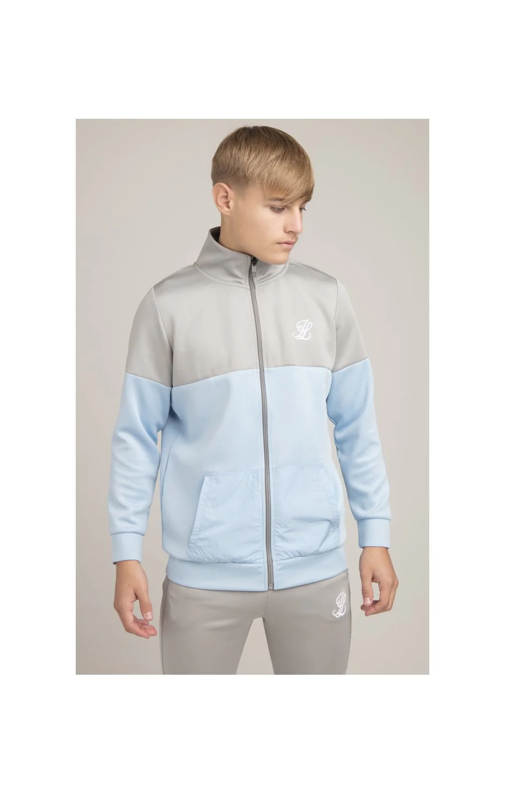 Boys Illusive Grey Cut And Sew Zip Thru Funnel Neck