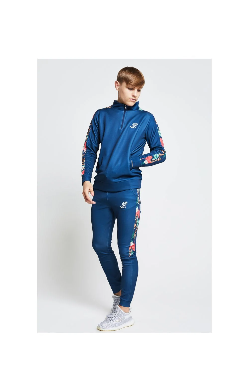 Illusive London Panel Funnel Neck 1/4 Zip Hoodie - Teal & Tropical Leaf - Image 3