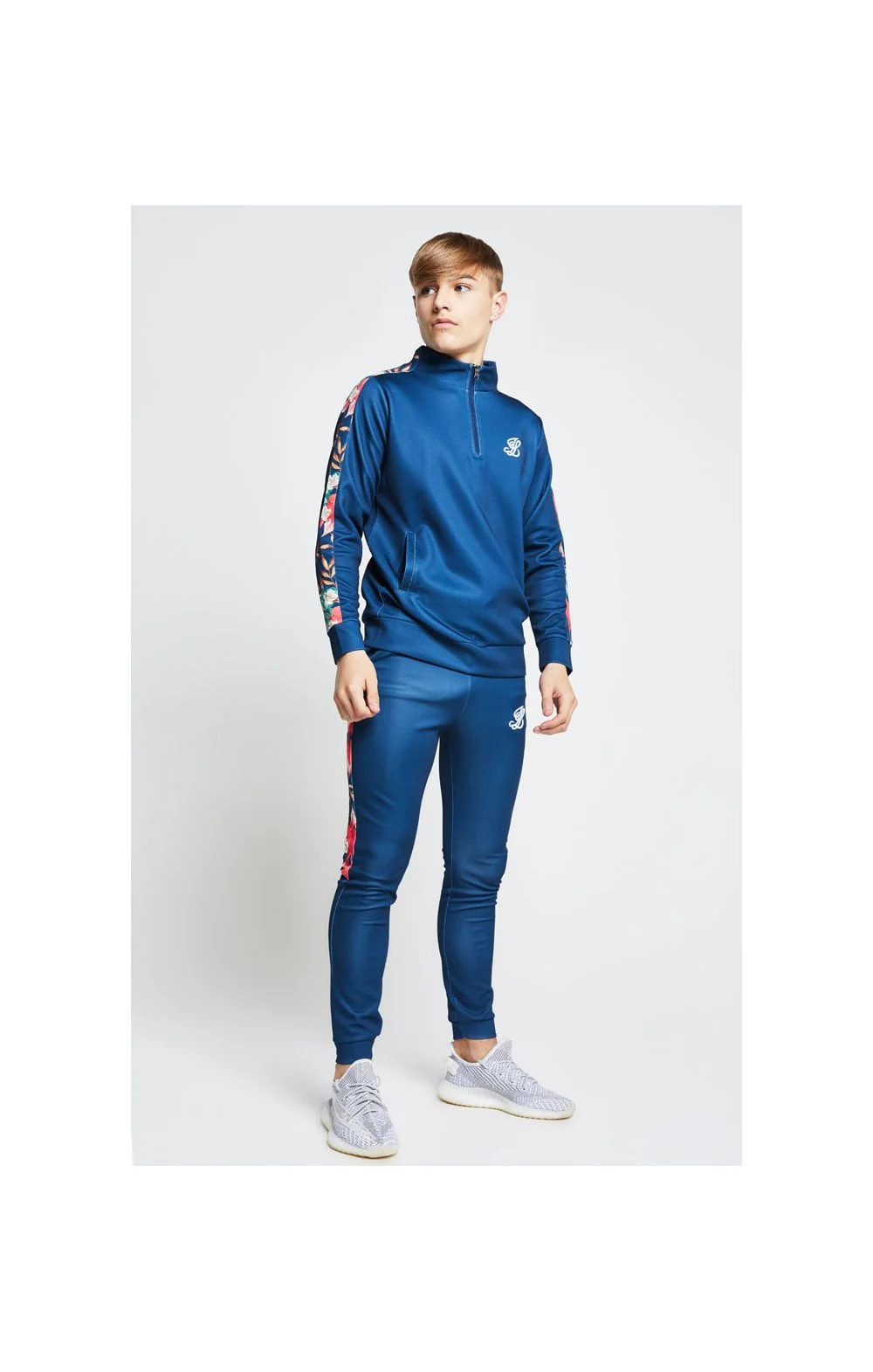 Illusive London Panel Funnel Neck 1/4 Zip Hoodie - Teal & Tropical Leaf - Image 4