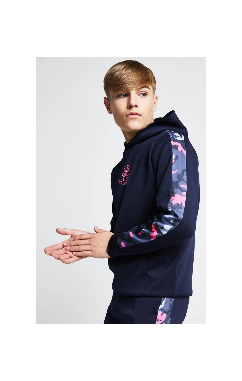 Illusive London Panelled Overhead Hoodie - Navy & Neon Pink Camo - Image 2