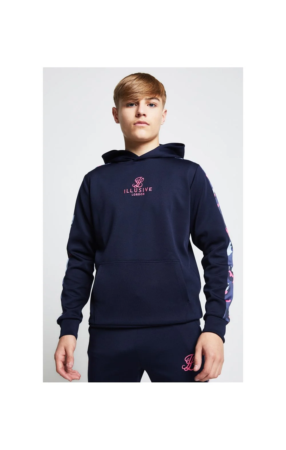 Illusive London Panelled Overhead Hoodie - Navy & Neon Pink Camo - Image 3