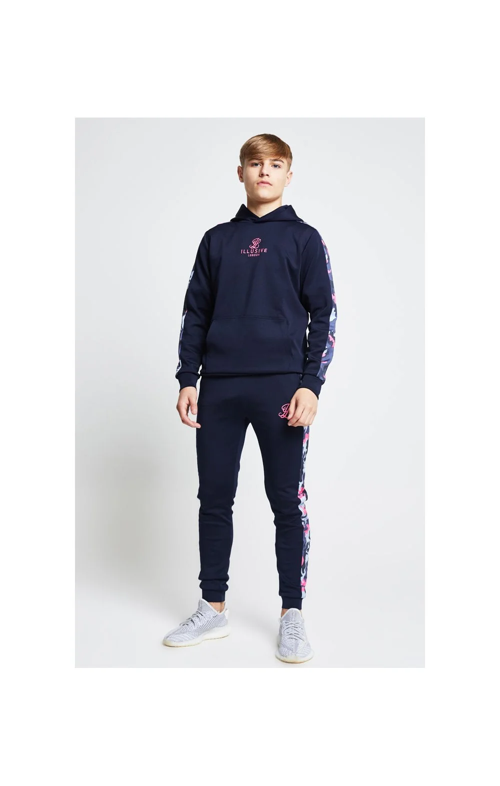 Illusive London Panelled Overhead Hoodie - Navy & Neon Pink Camo - Image 6