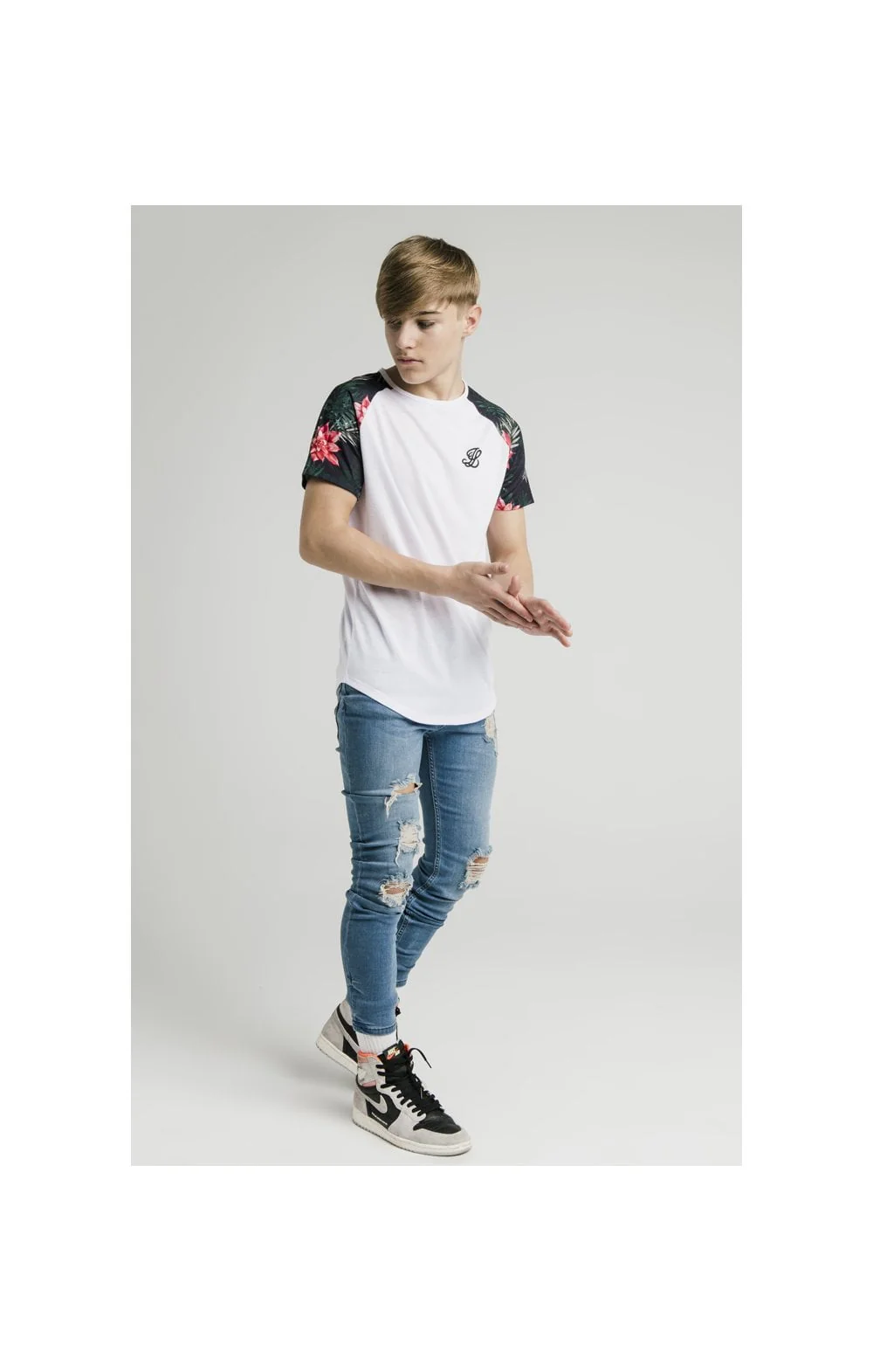 Illusive London S/S Contrast Raglan Tee - White & Floral - Image 4