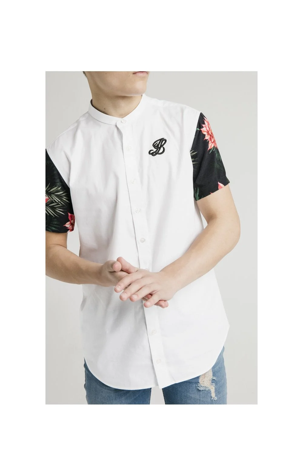 Illusive London S/S Grandad Collar Raglan Shirt - White & Floral