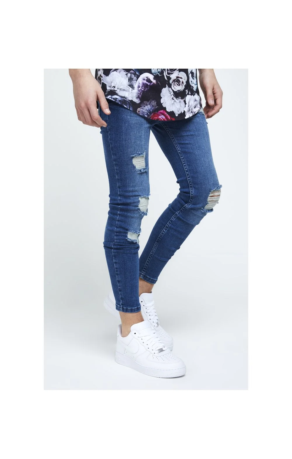 Illusive London Skinny Distressed Denims - Mid-Stone Blue - Image 2