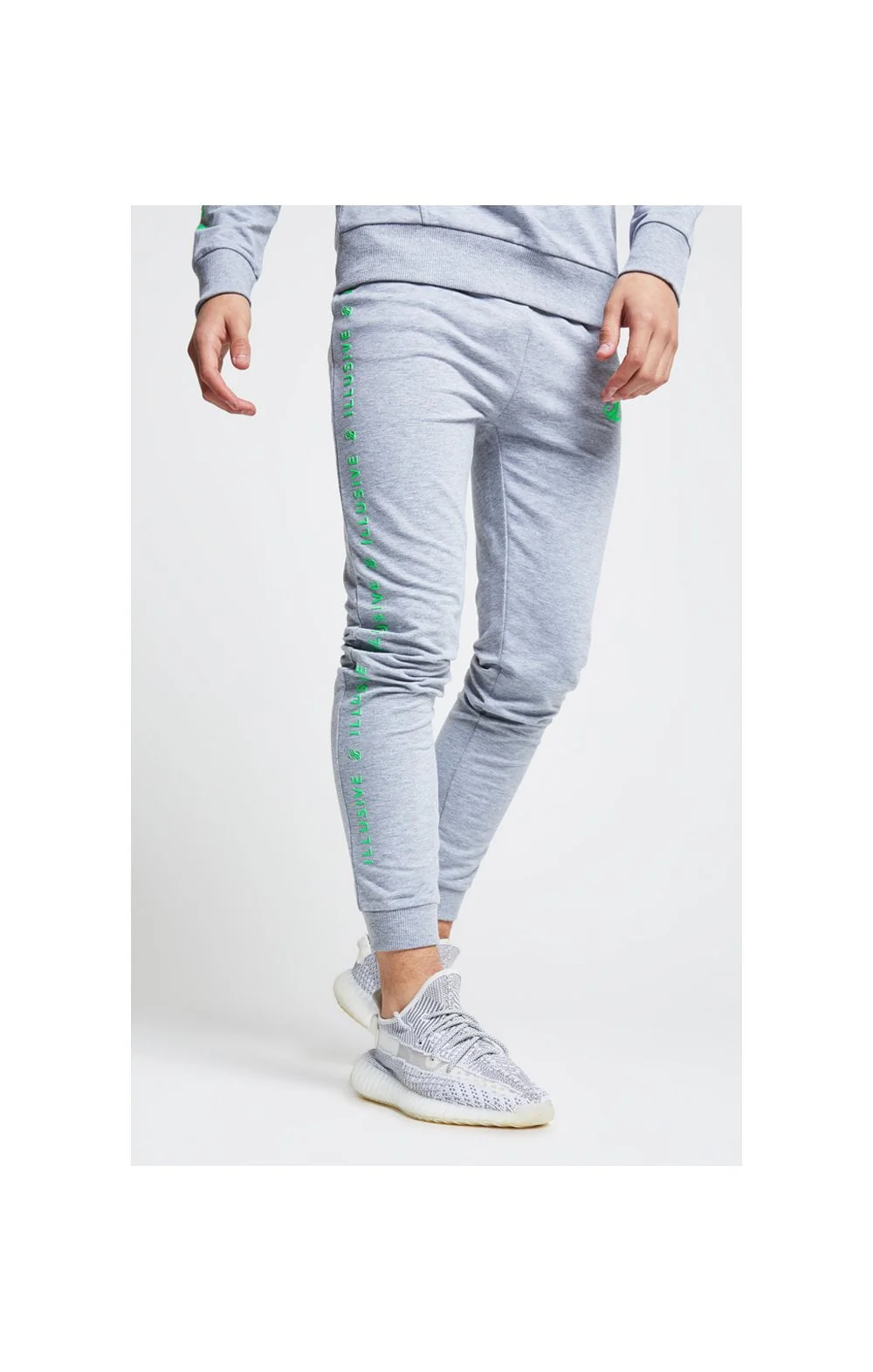 Illusive London Tape Cuffed Joggers - Grey & Neon Green - Image 2