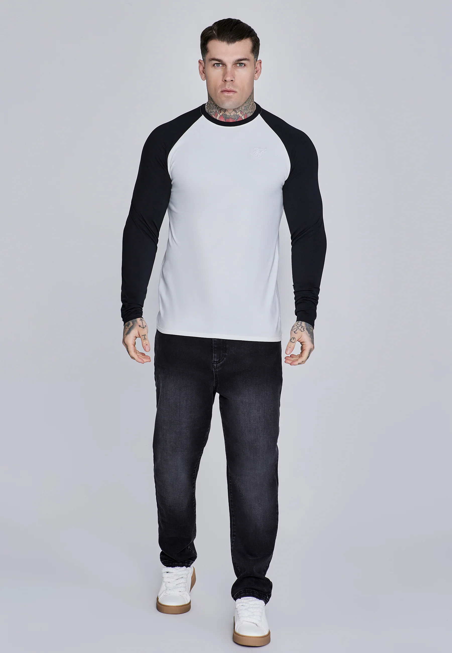 White and Black LS Muscle Fit T-Shirt - Image 3