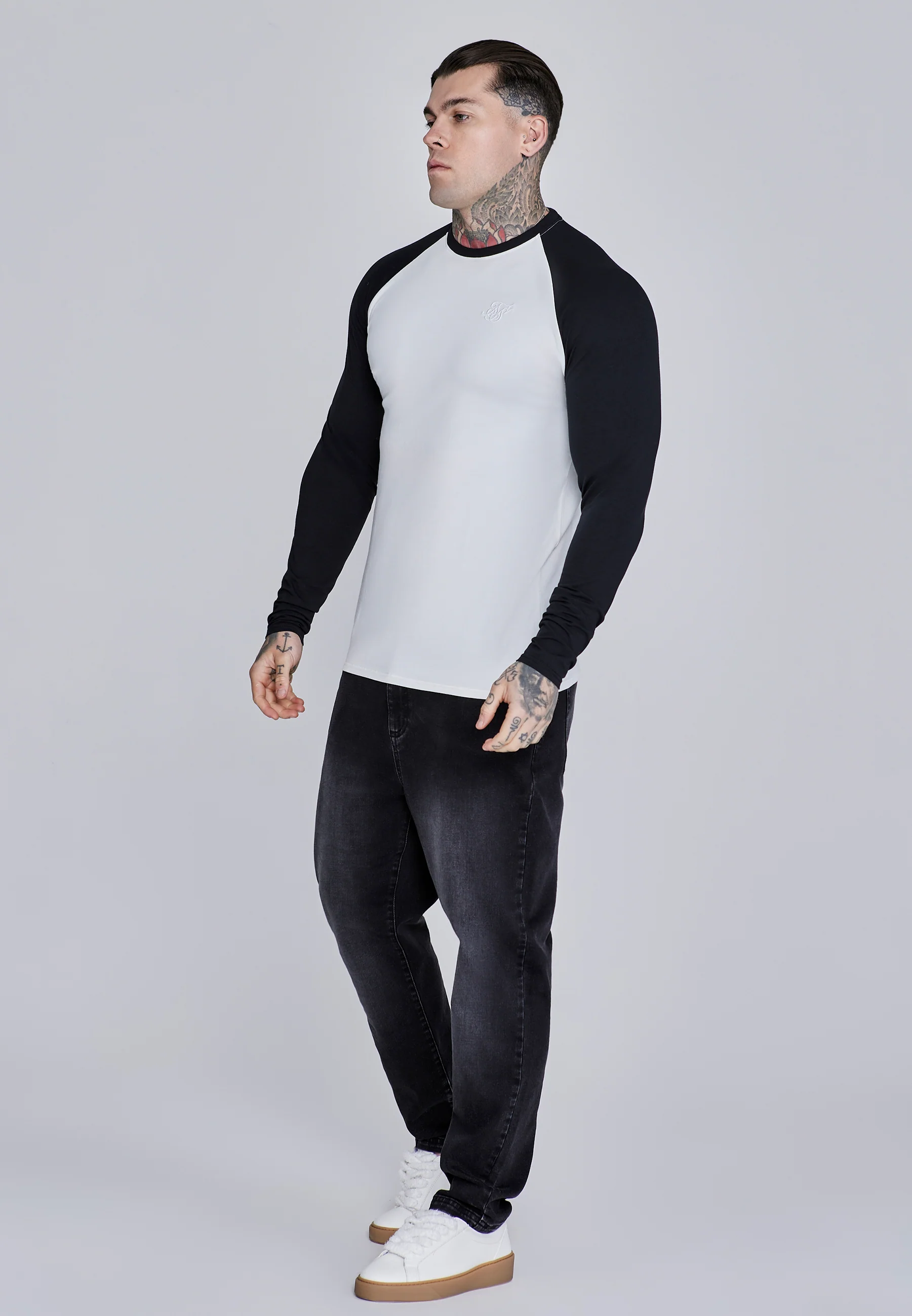 White and Black LS Muscle Fit T-Shirt - Image 4