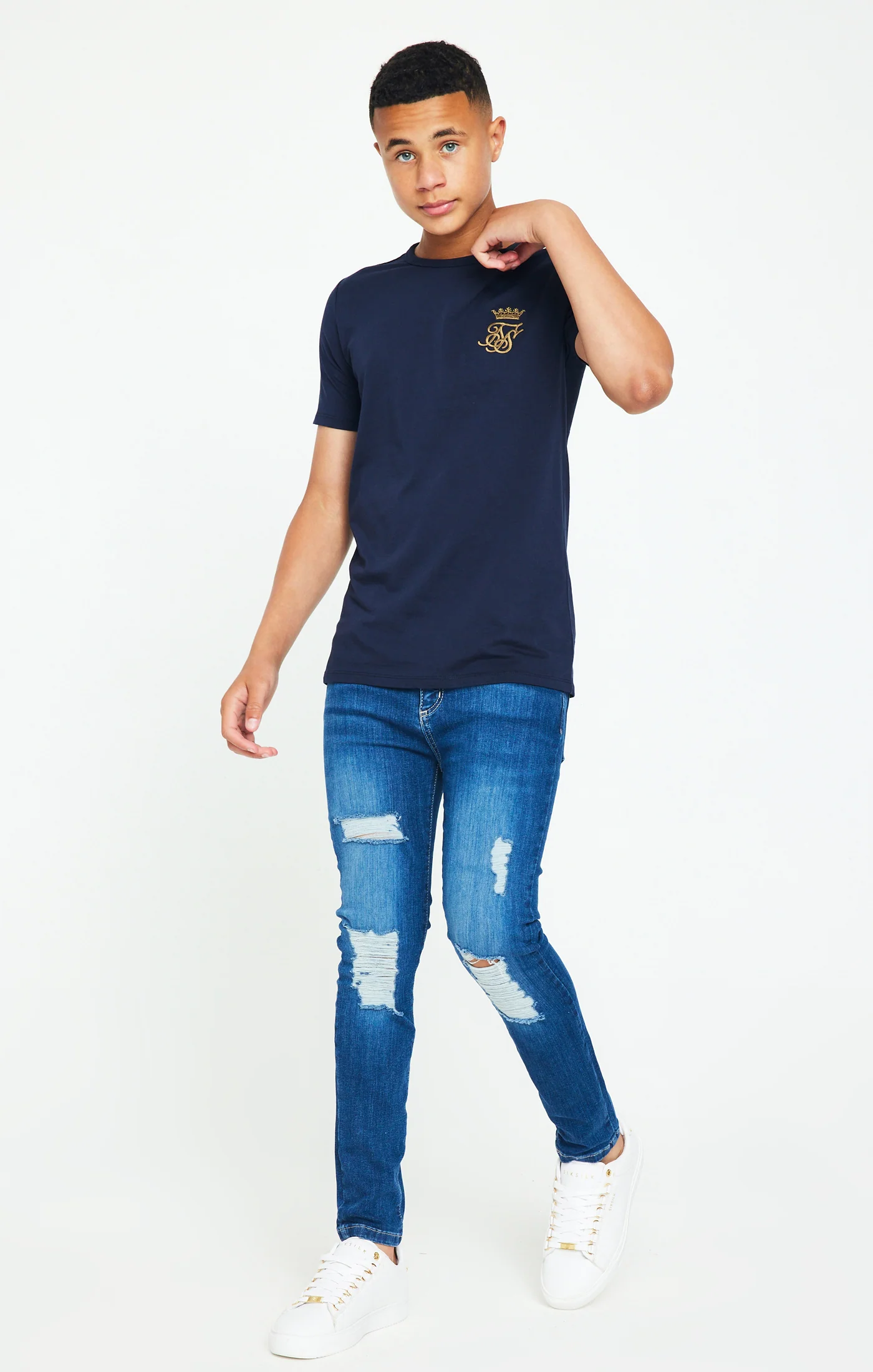 Boys Messi x SikSilk Mid Wash Distressed Skinny Denim Jean - Image 2
