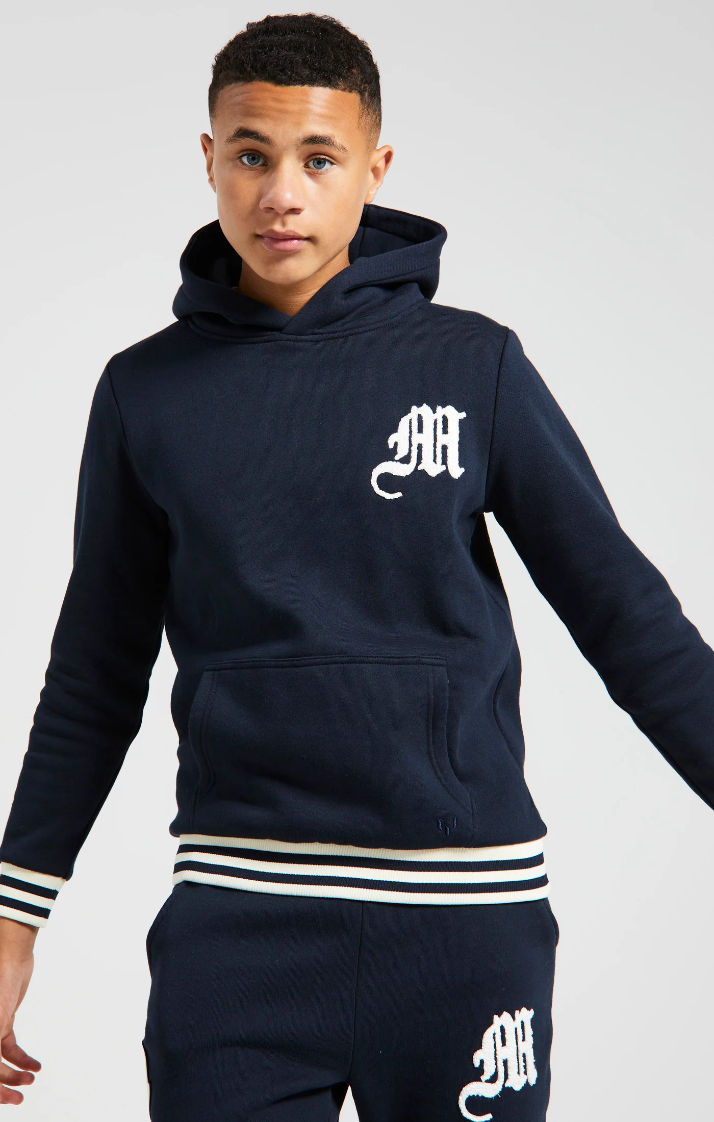 Boys Messi x SikSilk Navy Striped Rib Overhead Hoodie - Image 2